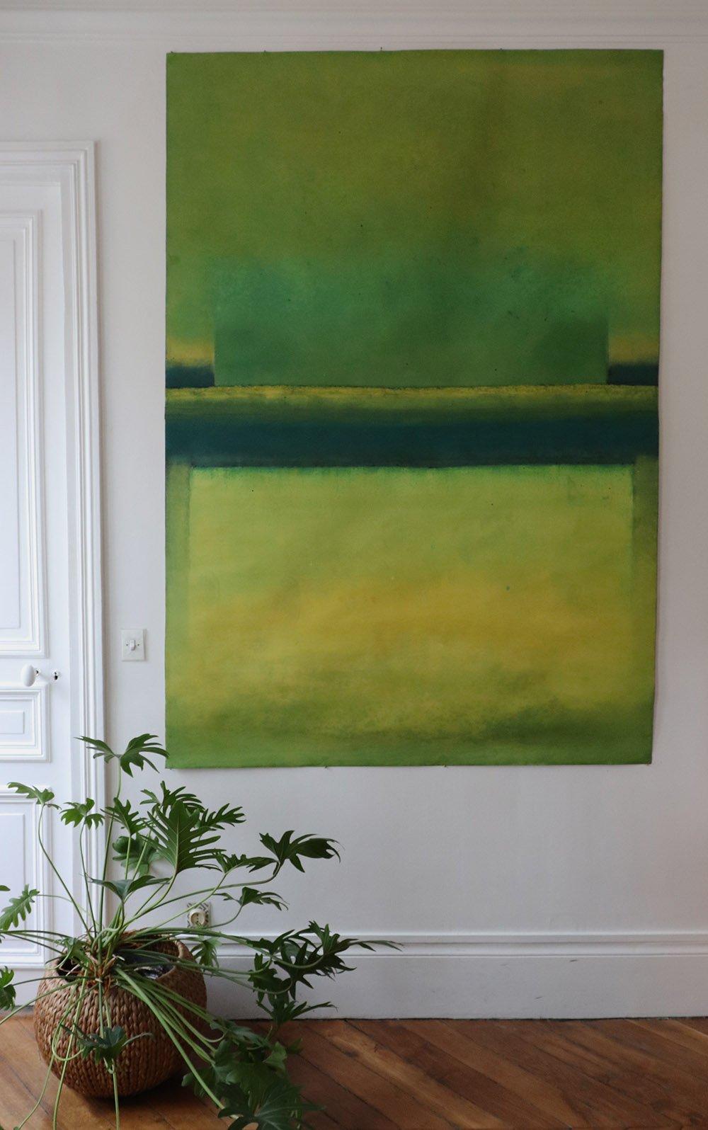 Untitled LX di Ferle - Quadro astratto di grandi dimensioni, toni vivaci, spirituali, verdi - Painting di Elvire Ferle