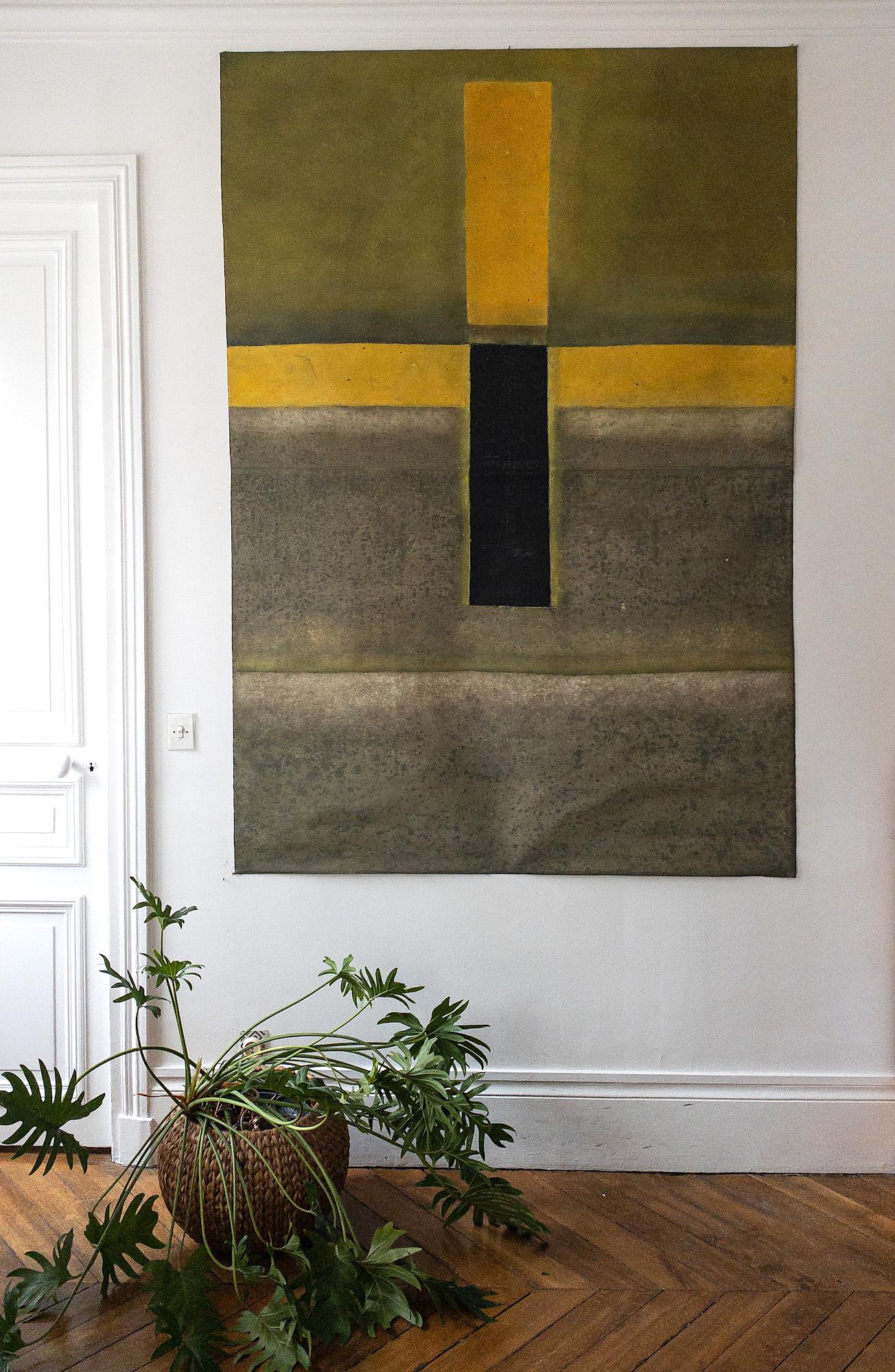Untitled LXIX di Ferle - Quadro astratto di grandi dimensioni, toni vivaci, spirituali, verdi - Painting di Elvire Ferle