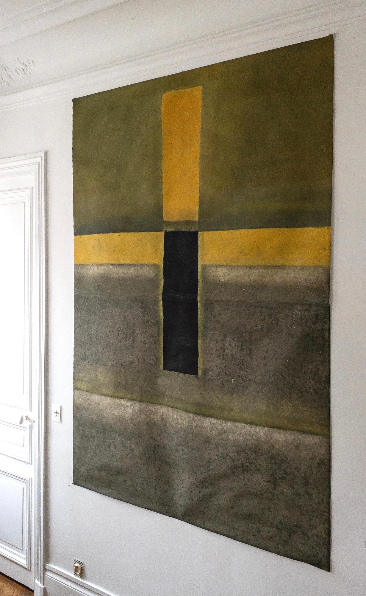 Untitled LXIX di Ferle - Quadro astratto di grandi dimensioni, toni vivaci, spirituali, verdi - Abstract Painting Marrone di Elvire Ferle