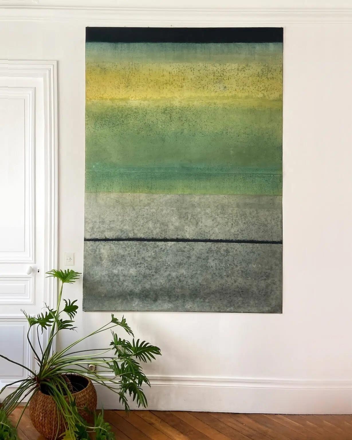 Untitled LXXIX by Ferle - Abstract painting, lines, green, grey – Painting von Elvire Ferle