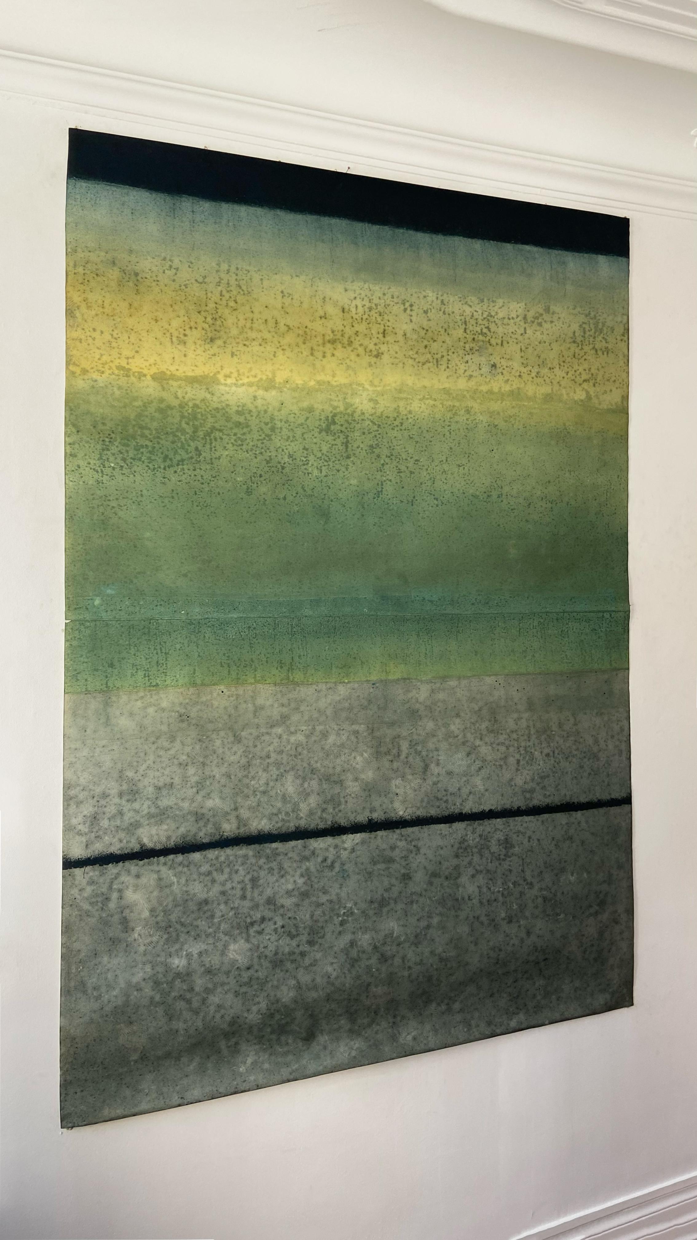 Untitled LXXIX by Ferle - Abstract painting, lines, green, grey (Abstrakt), Painting, von Elvire Ferle