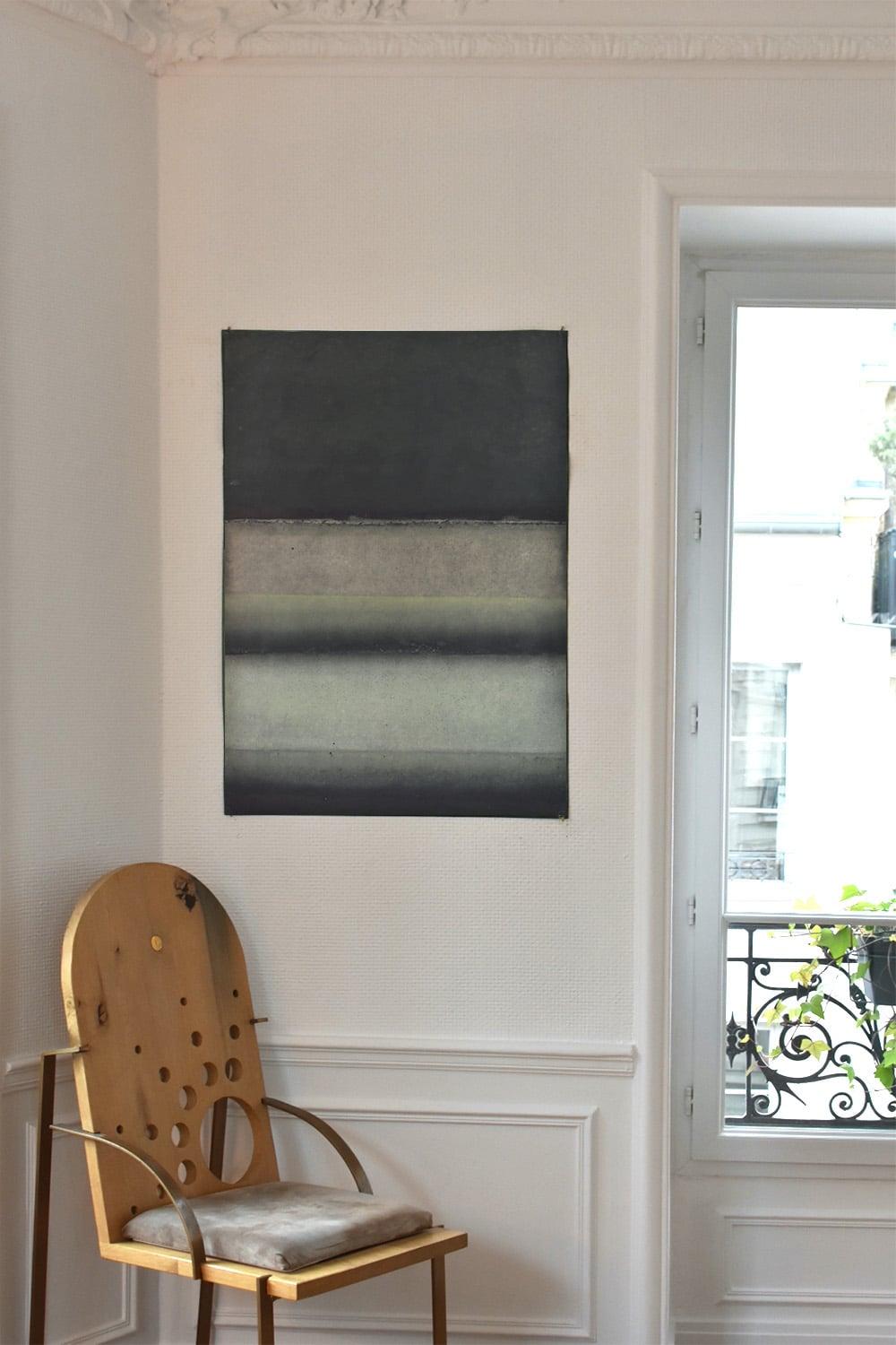 Untitled XIX (Abstract, medium size) by Ferle - Abstract painting, lines, green - Gray Abstract Painting by Elvire Ferle