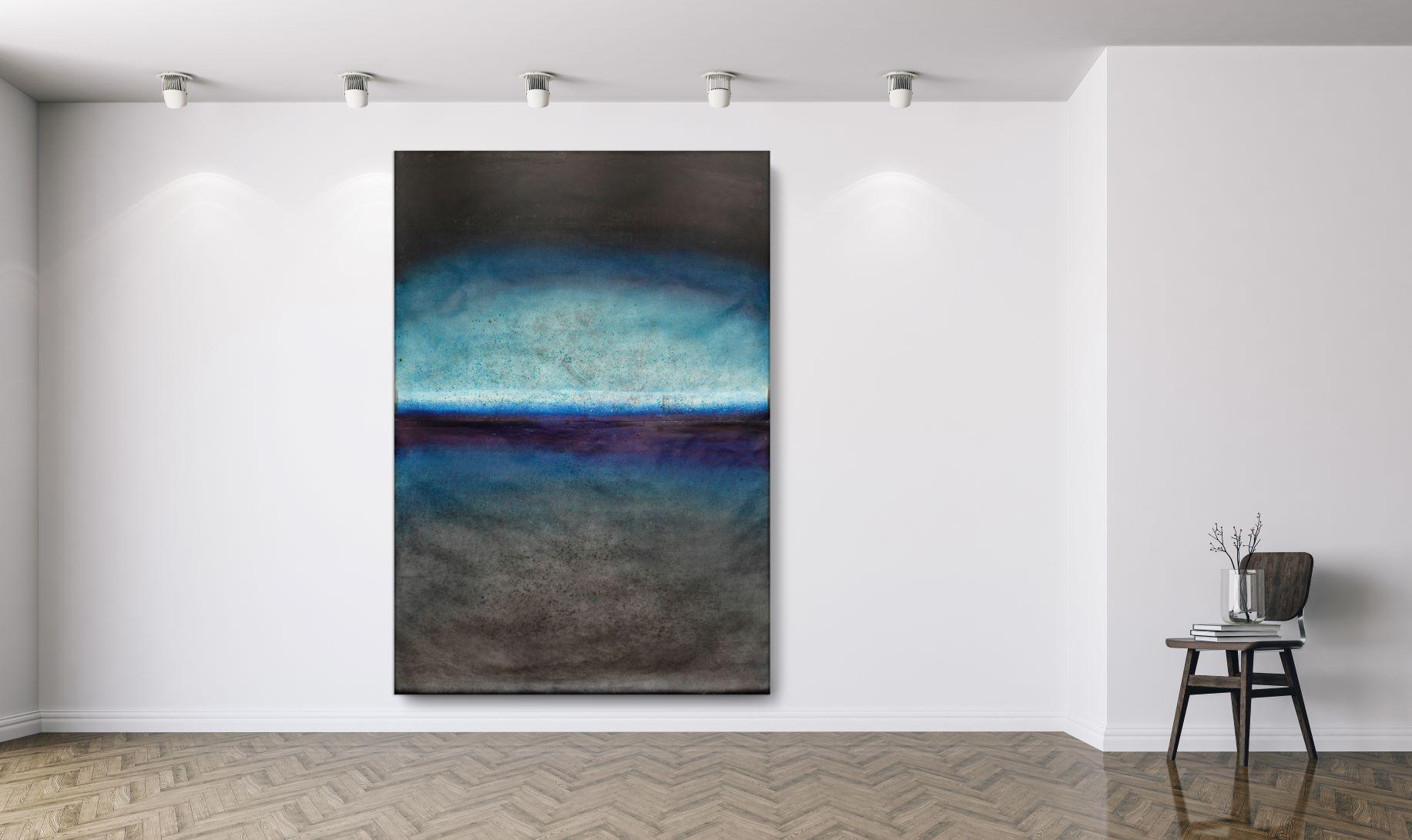 Ohne Titel XLV von Ferle – großes abstraktes Ölgemälde in Blau- und Dunkeltönen – Painting von Elvire Ferle