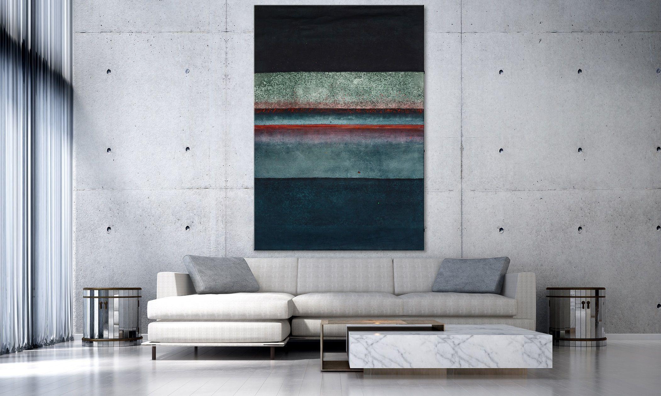 Untitled XLVI di Ferle - Quadro astratto di grandi dimensioni, toni rossi e blu scuro, colore - Painting di Elvire Ferle