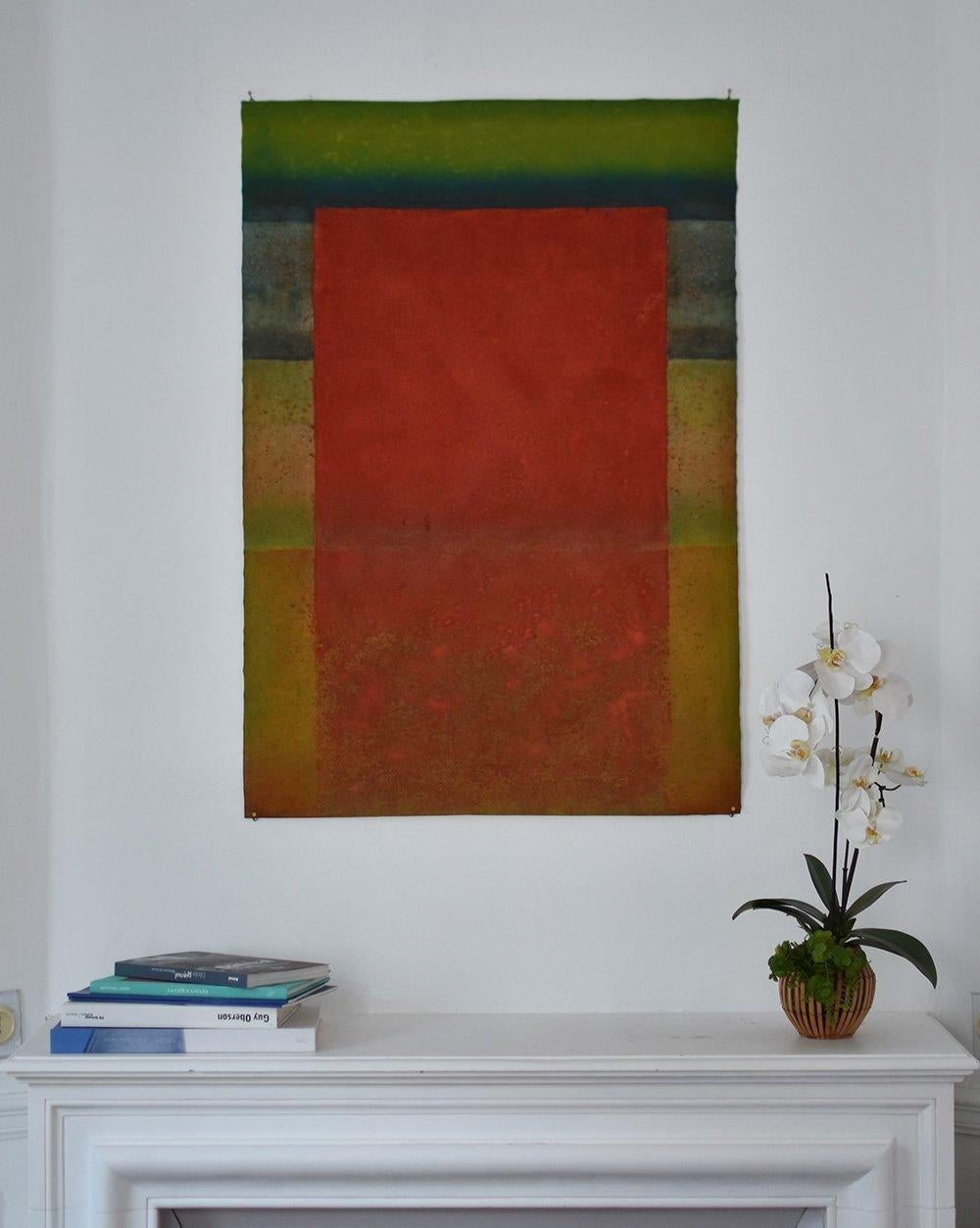 Untitled XXII by Ferle - Abstract painting, lines, red & green tones, spiritual - Painting by Elvire Ferle