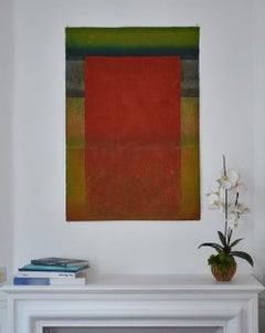 Untitled XXII by Ferle - Abstract painting, lines, red & green tones, spiritual