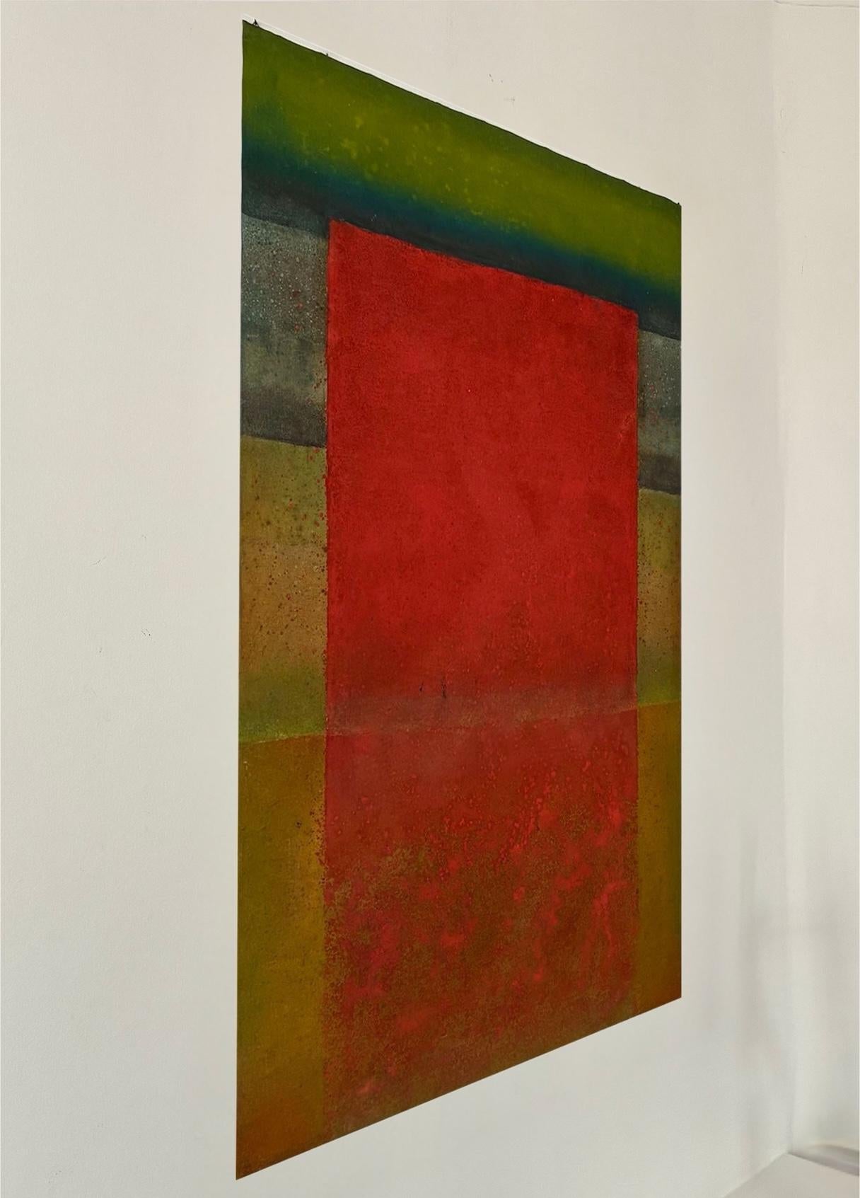 Untitled XXII von Ferle - Abstraktes Gemälde, Linien, rot-grüne Töne, spirituell (Braun), Abstract Painting, von Elvire Ferle