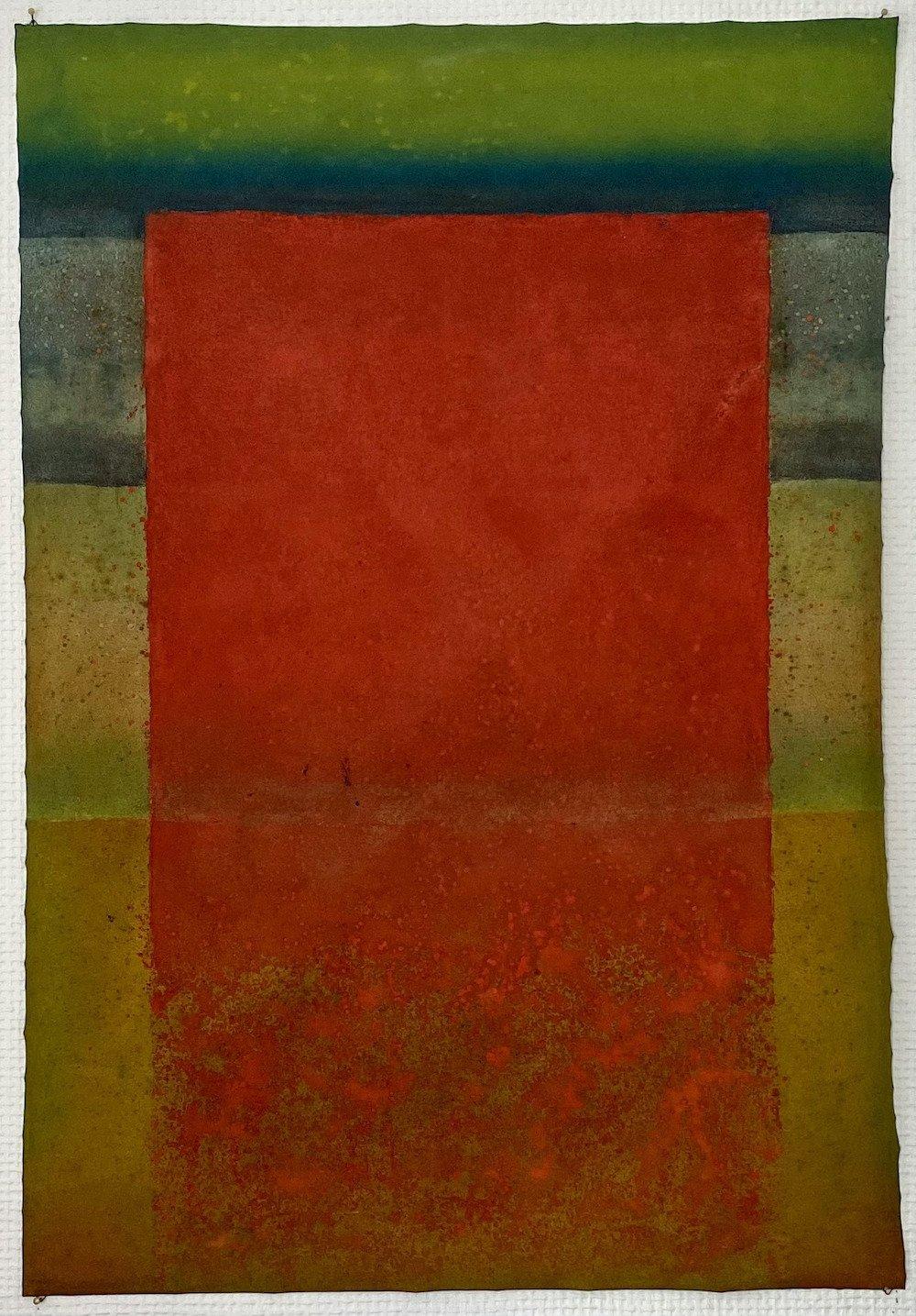 Elvire Ferle Abstract Painting - Untitled XXII by Ferle - Abstract painting, lines, red & green tones, spiritual