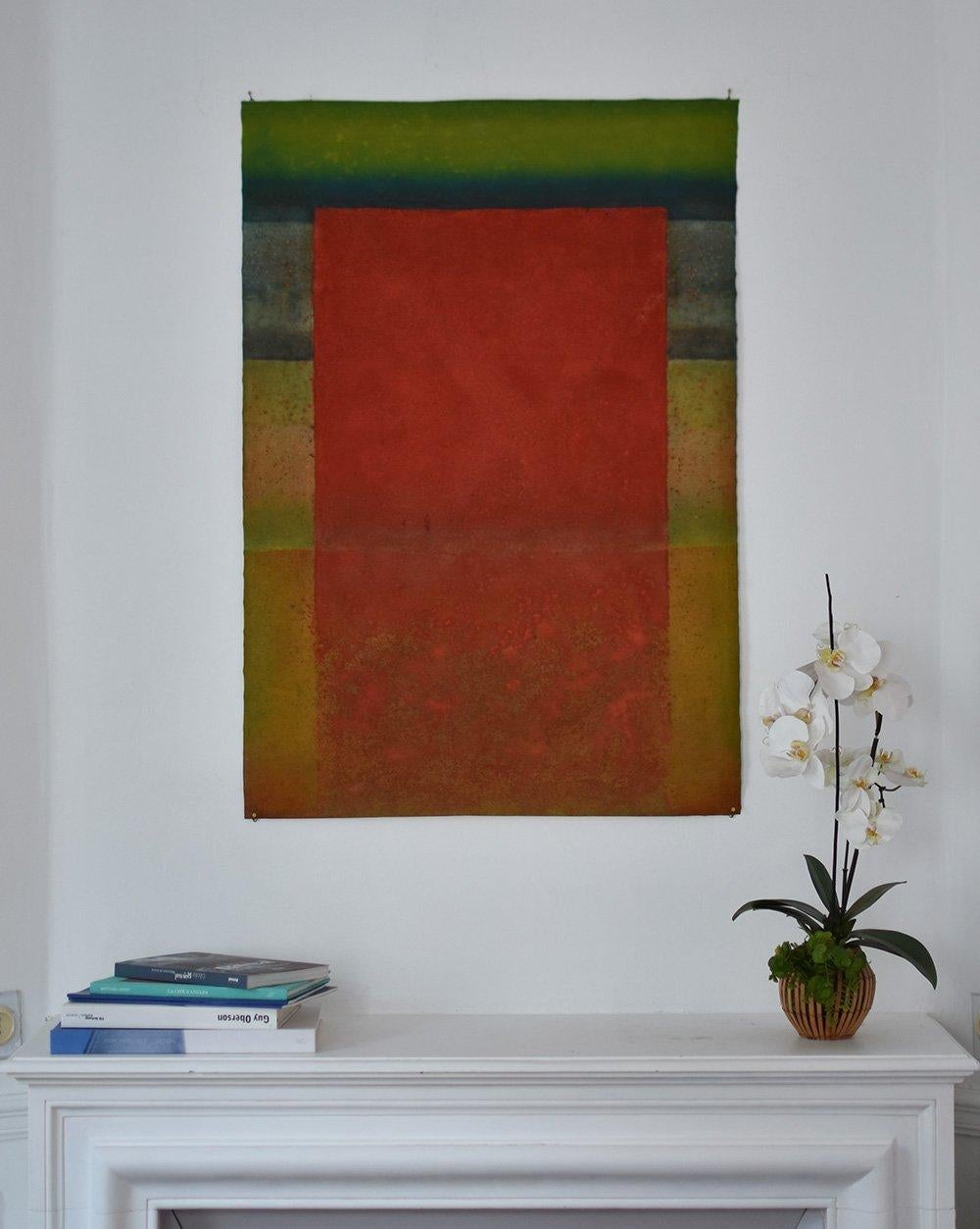 Untitled XXII von Ferle - Abstraktes Gemälde, Linien, rot-grüne Töne, spirituell – Painting von Elvire Ferle