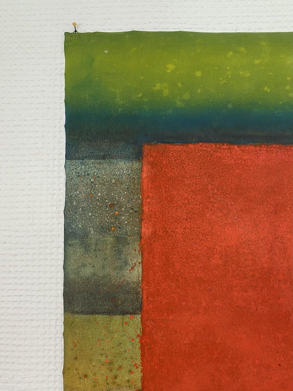 Untitled XXII von Ferle - Abstraktes Gemälde, Linien, rot-grüne Töne, spirituell im Angebot 2