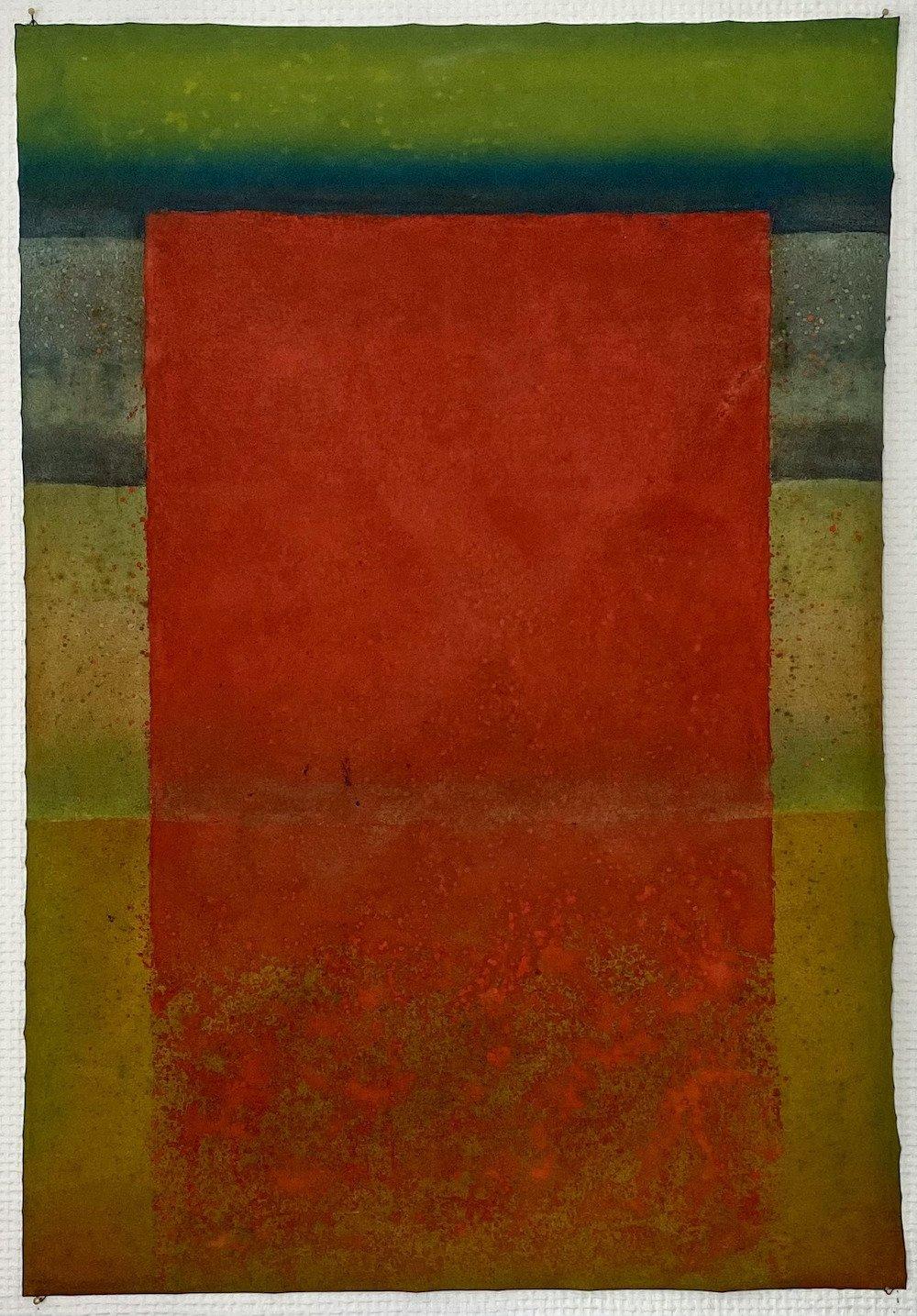 Elvire Ferle Abstract Painting – Untitled XXII von Ferle - Abstraktes Gemälde, Linien, rot-grüne Töne, spirituell