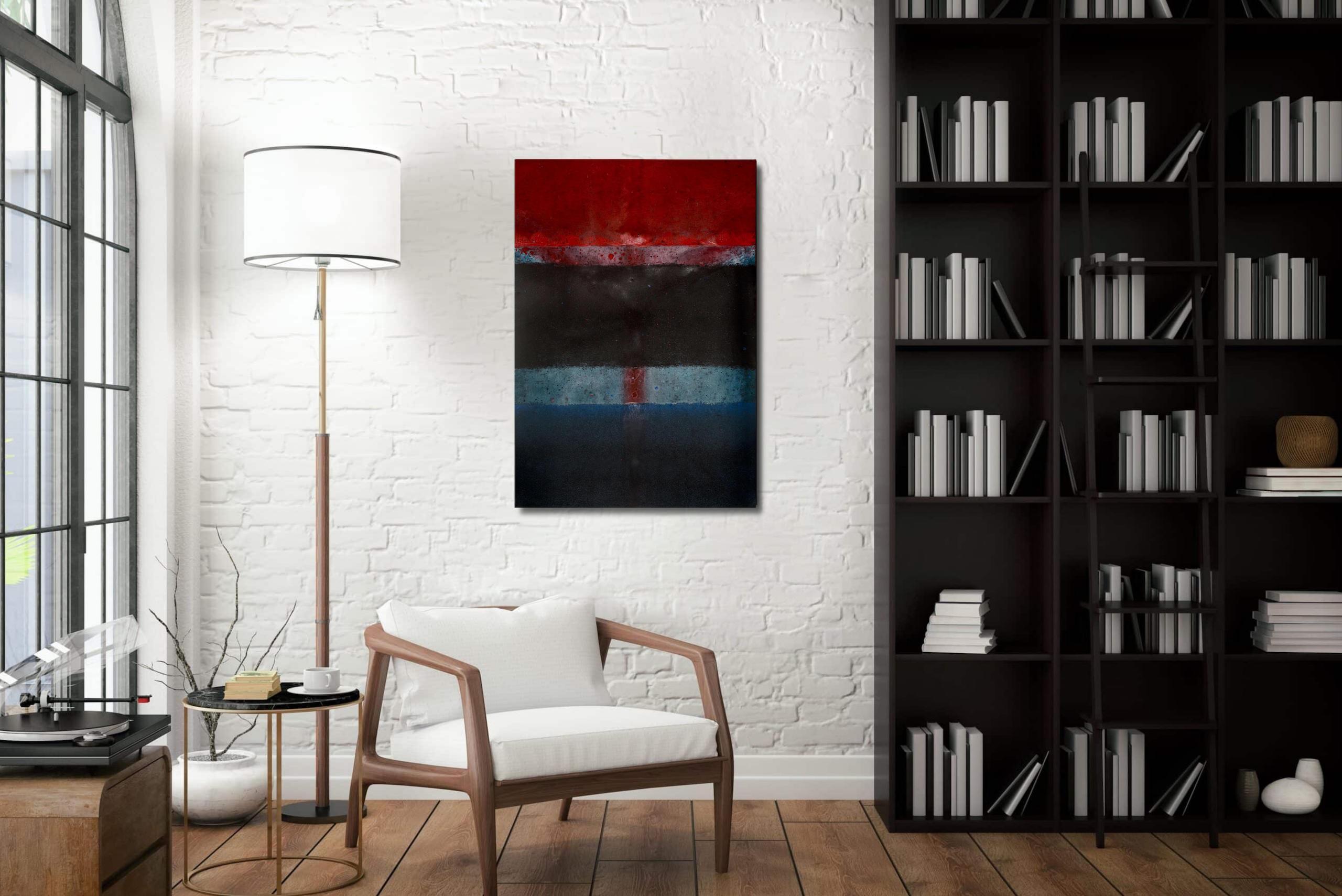 Senza titolo XXIII di Ferle - Pittura astratta, linee, colori intensi, rosso, blu - Abstract Painting Nero di Elvire Ferle