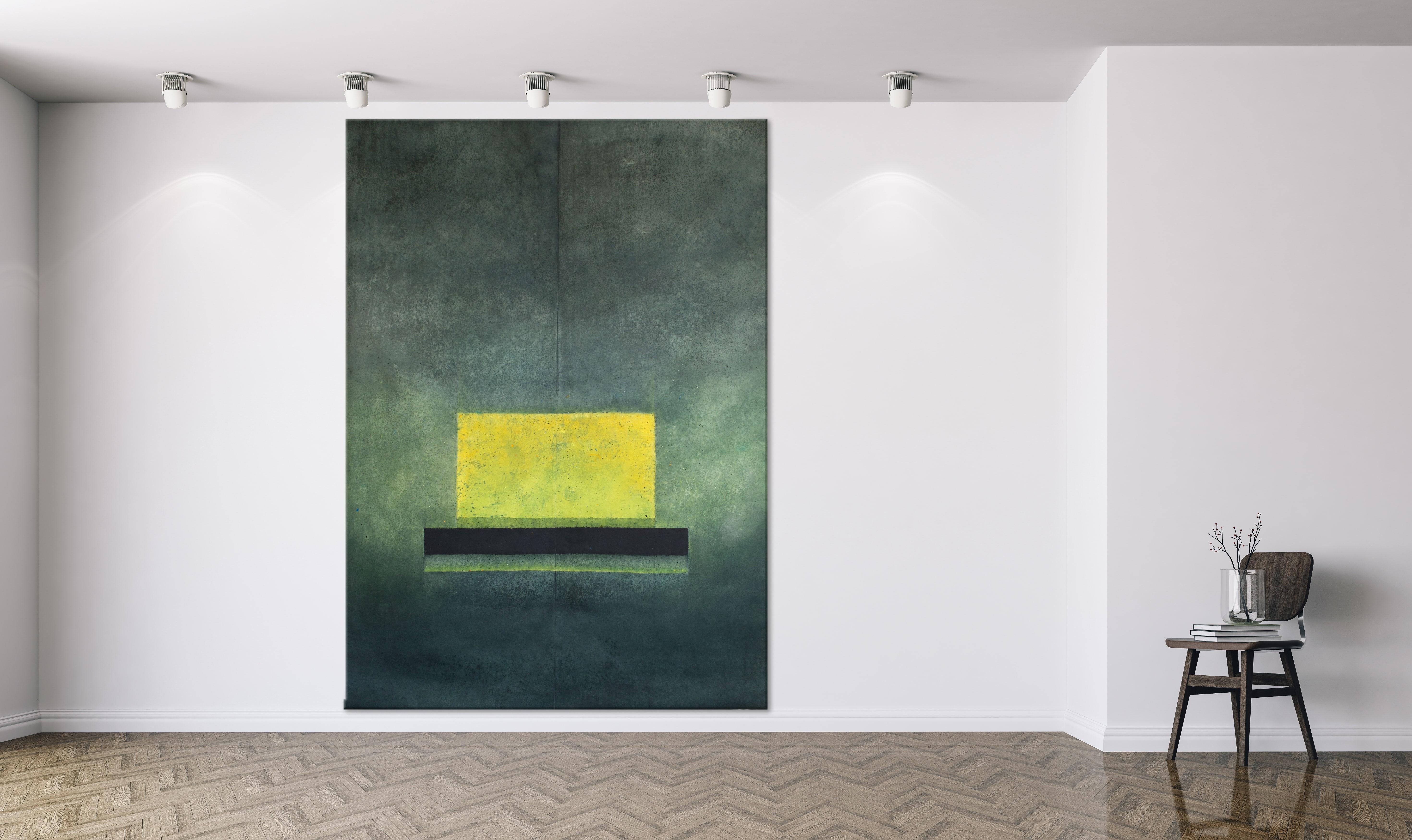 Untitled XXV by Ferle - Large abstract painting, green tones, spiritual, yellow - Painting by Elvire Ferle