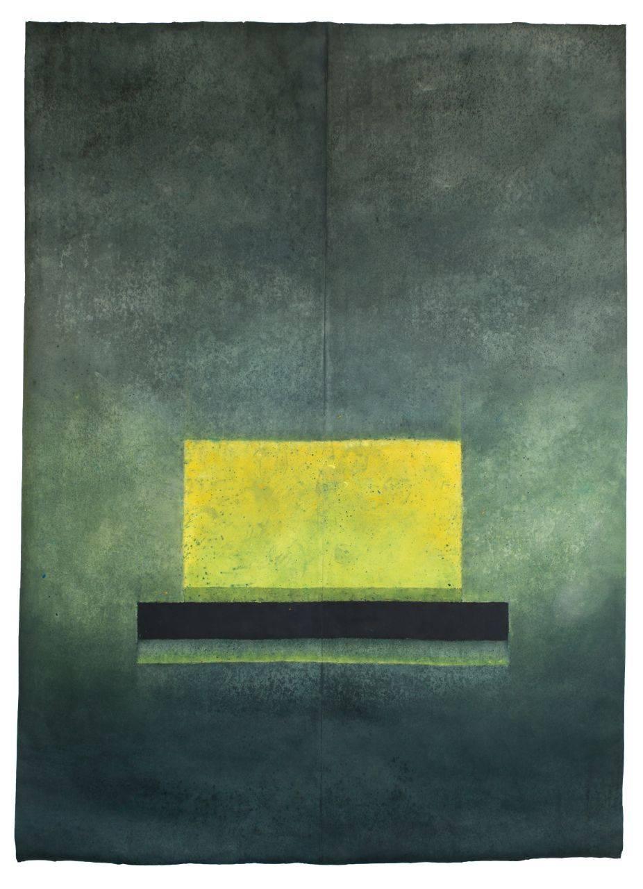 Untitled XXV by Ferle - Large abstract painting, green tones, spiritual, yellow
