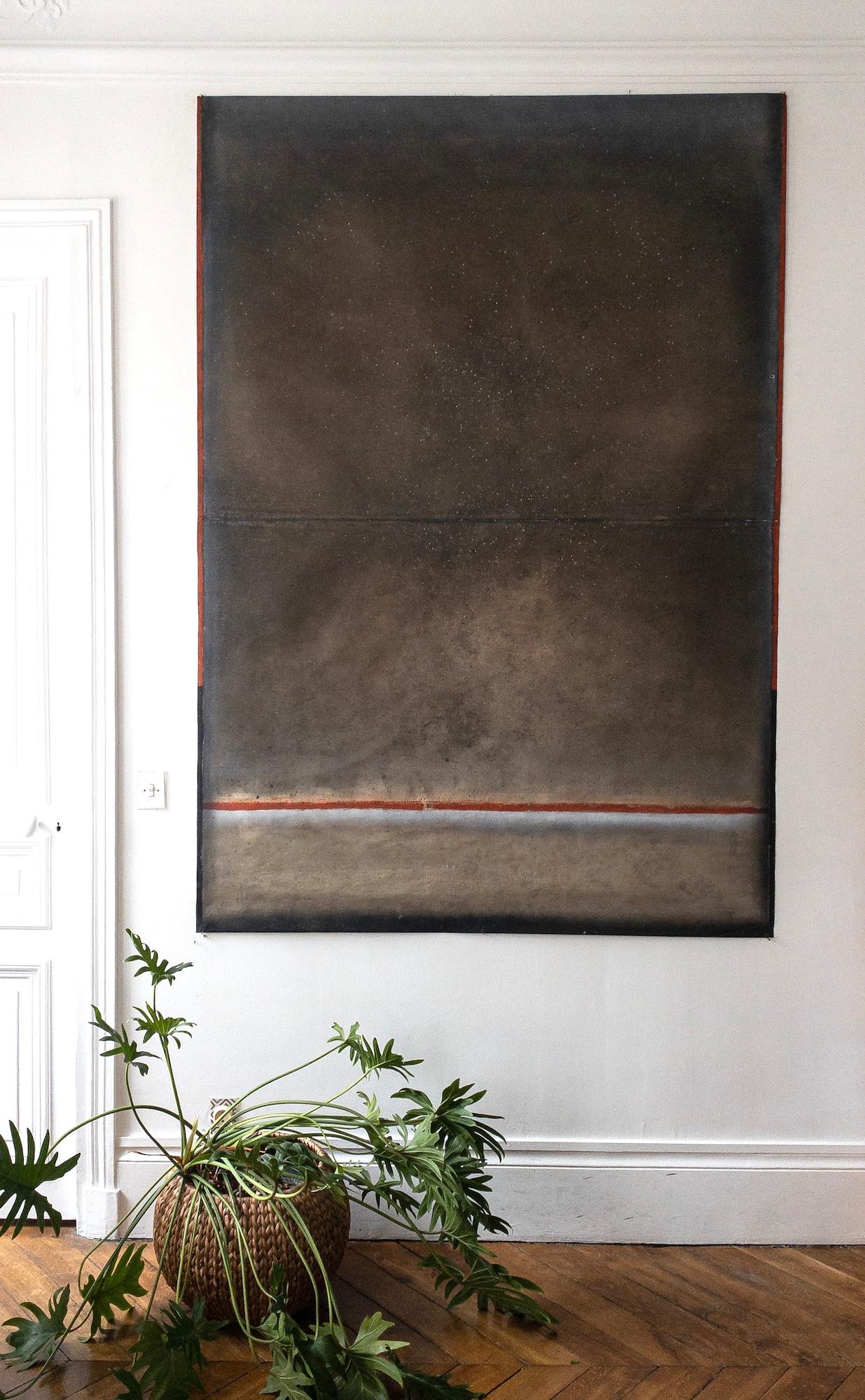 Untitled XXXII by Ferle - Large abstract painting, earth tones, spiritual, red - Abstract Art by Elvire Ferle