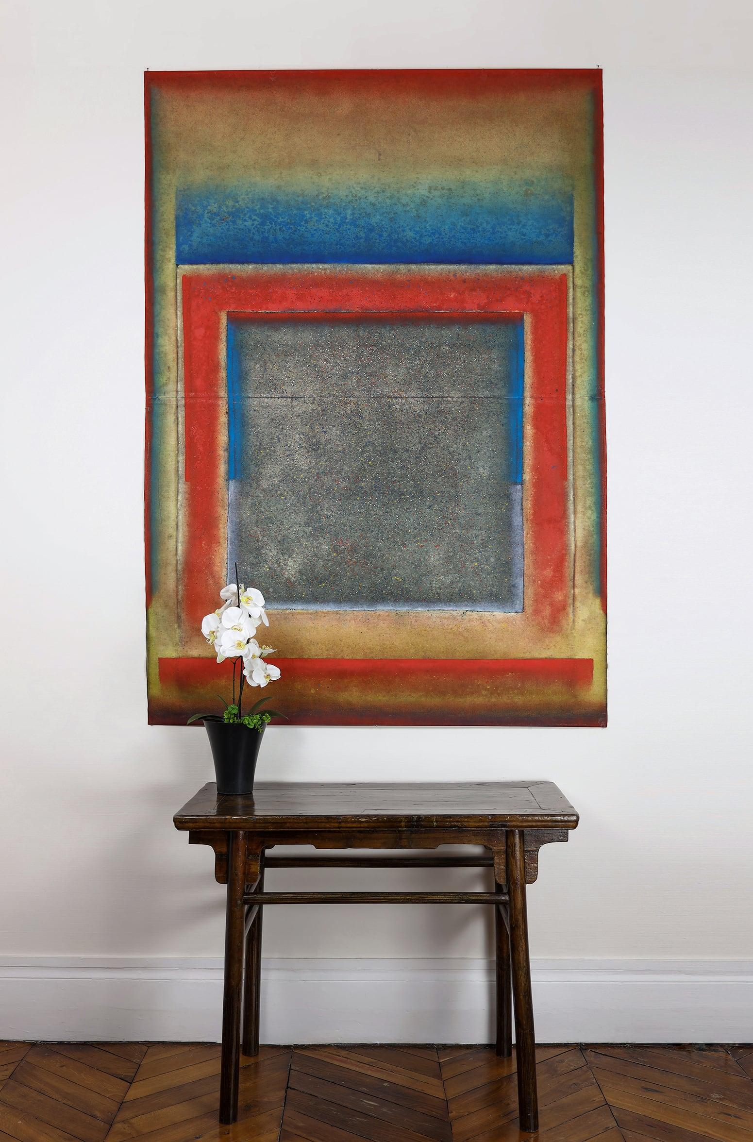 Ohne Titel XXXIII von Ferle - Großes abstraktes Gemälde, rot und blau, farbenfroh – Painting von Elvire Ferle