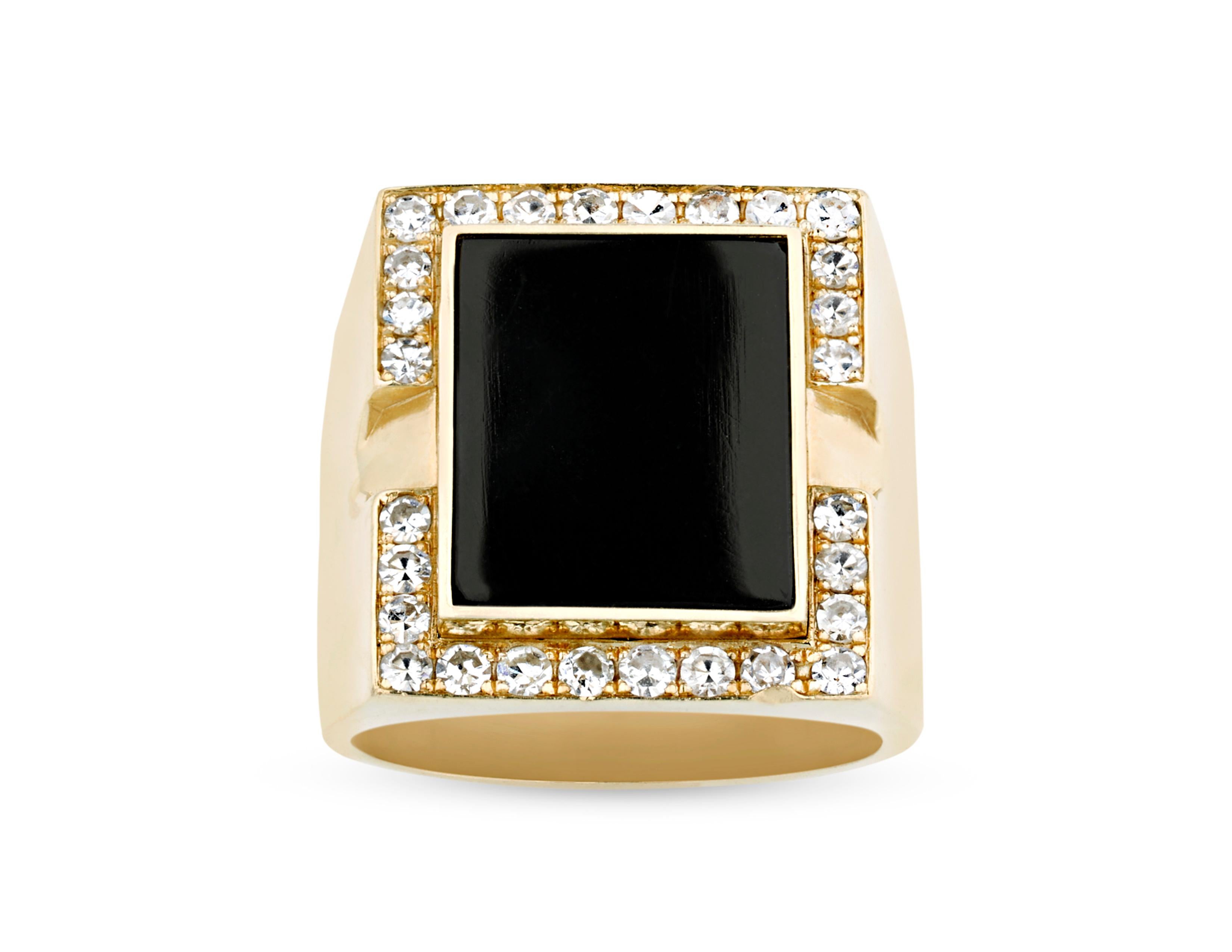 This ring was once owned and worn by one of the most celebrated cultural icons of the 20th century, Elvis Presley. A stunning specimen of onyx is set at its center, and its rich, black hue is beautifully complemented by the 28 single-cut diamonds