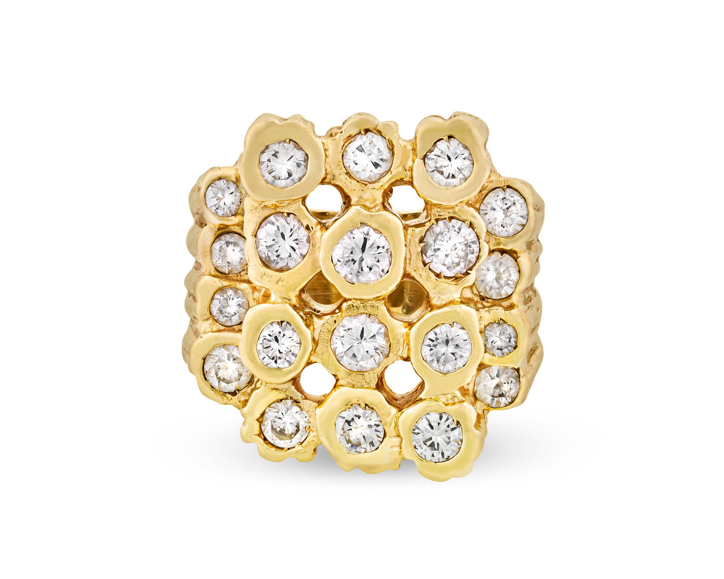 This fascinating ring was owned and worn by perhaps the most celebrated cultural icon of the 20th century, the King himself, Elvis Presley. The jewelry creation features 20 sparkling white diamonds, and the gems are surrounded by a 14K yellow gold