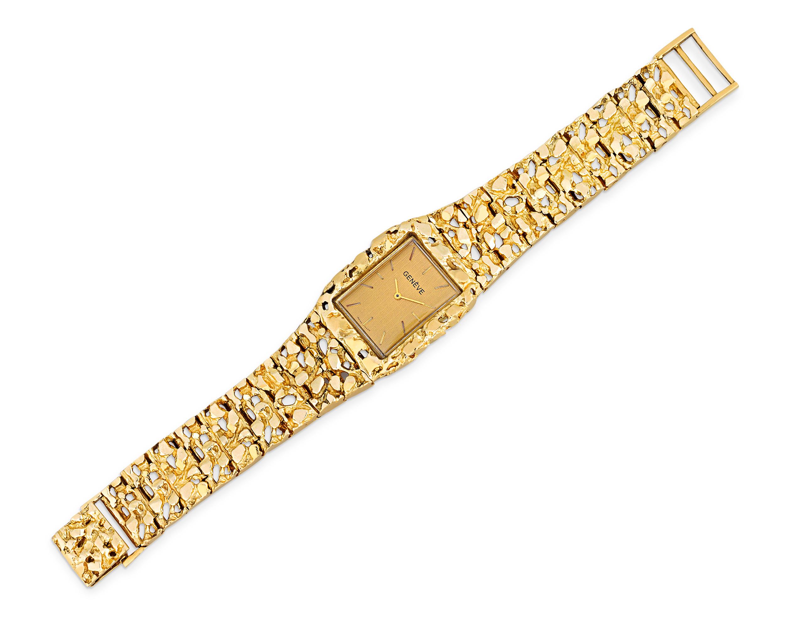 This watch was once owned and worn by one of the most celebrated cultural icons of the 20th century, Elvis Presley. The striking Geneve timepiece is crafted from hammered 14K yellow gold, creating a uniquely textured surface. The watch was later