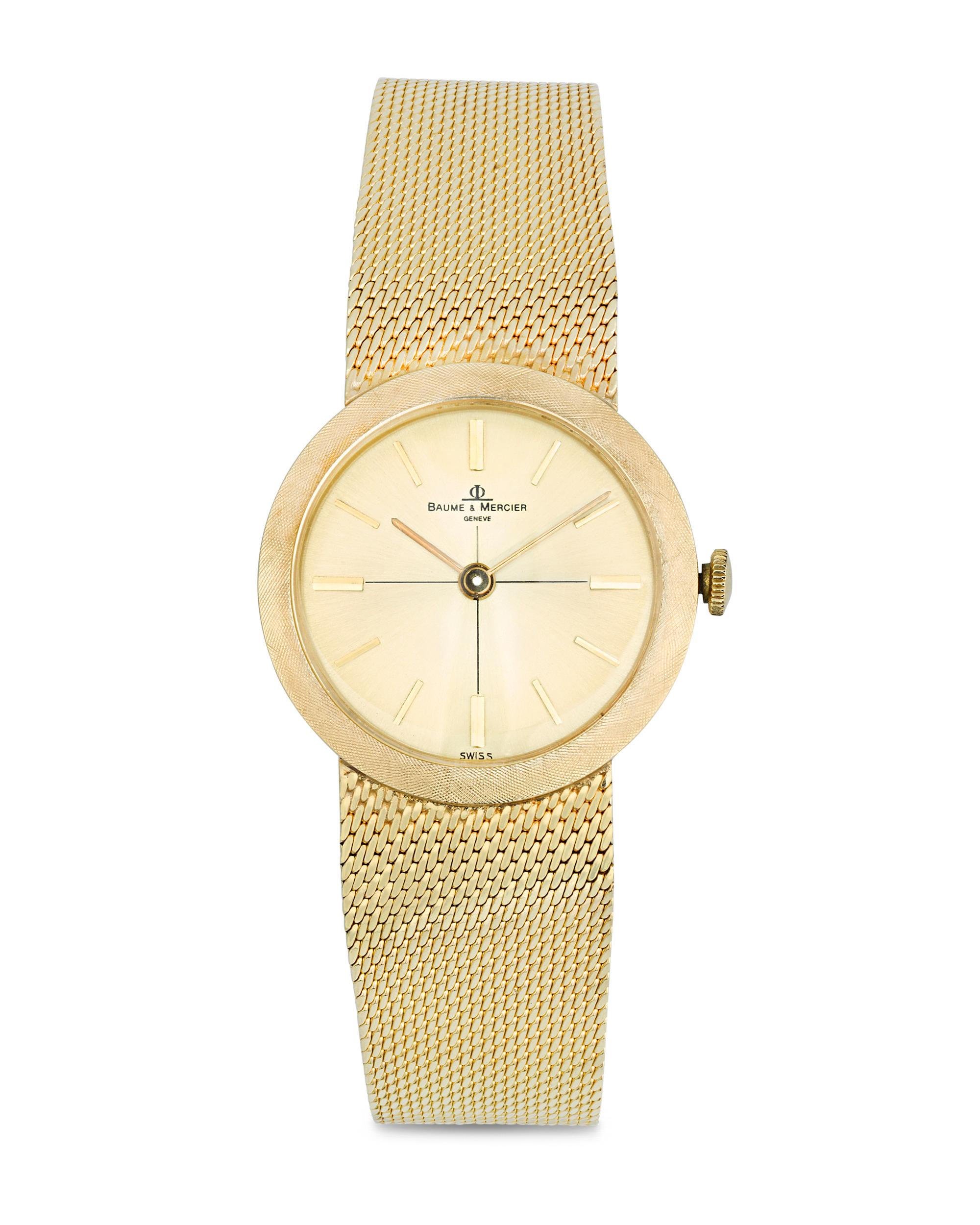 This watch was once owned and worn by one of the most celebrated cultural icons of the 20th century, Elvis Presley. The striking Baume & Mercier Geneve timepiece is crafted from brushed and etched 14K yellow gold and a weave-patterned gold band,