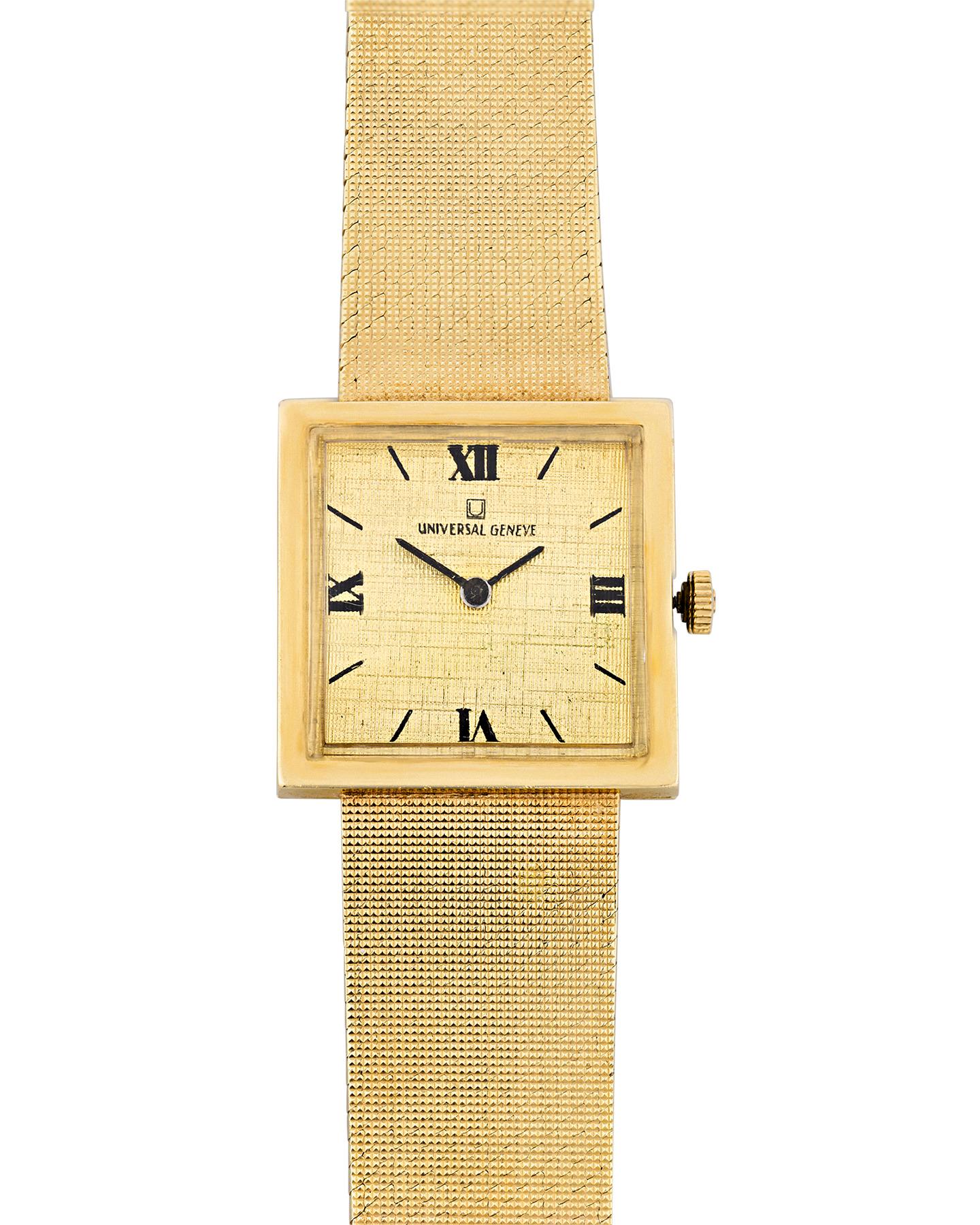 Once worn by the most celebrated cultural icon of the 20th century, this 14K yellow gold watch was owned by Elvis Presley. The watch was later gifted by Elvis to his close friend Dr. Elias Ghanem in the mid to late 1970s. The Universal Geneve