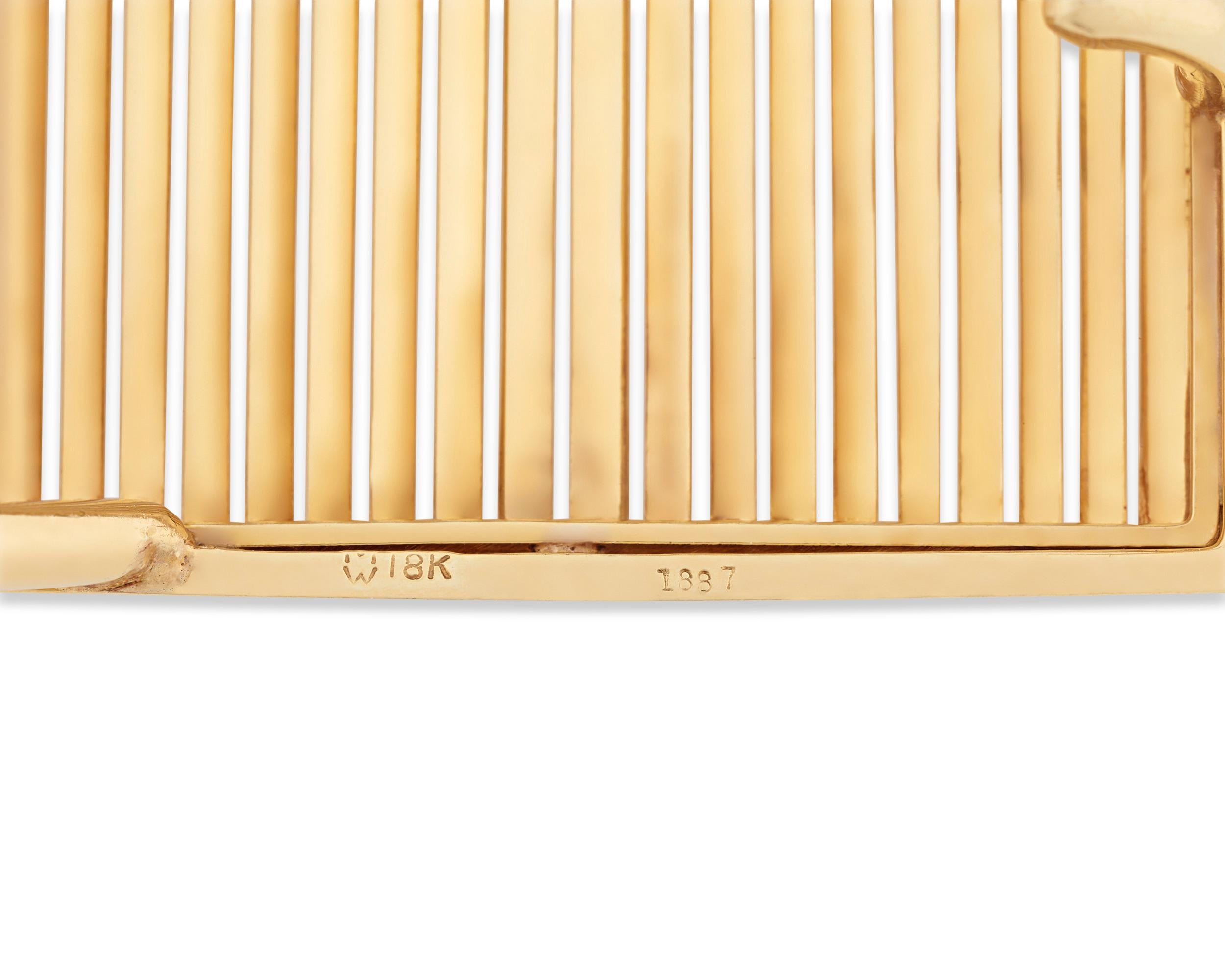 This one-of-a-kind belt buckle was once owned by the great musical icon Elvis Presley. Taking the form of a Rolls-Royce grill, the buckle was specially commissioned by Presley from the Memphis jeweler Harry Levitch. It was the perfect accessory for