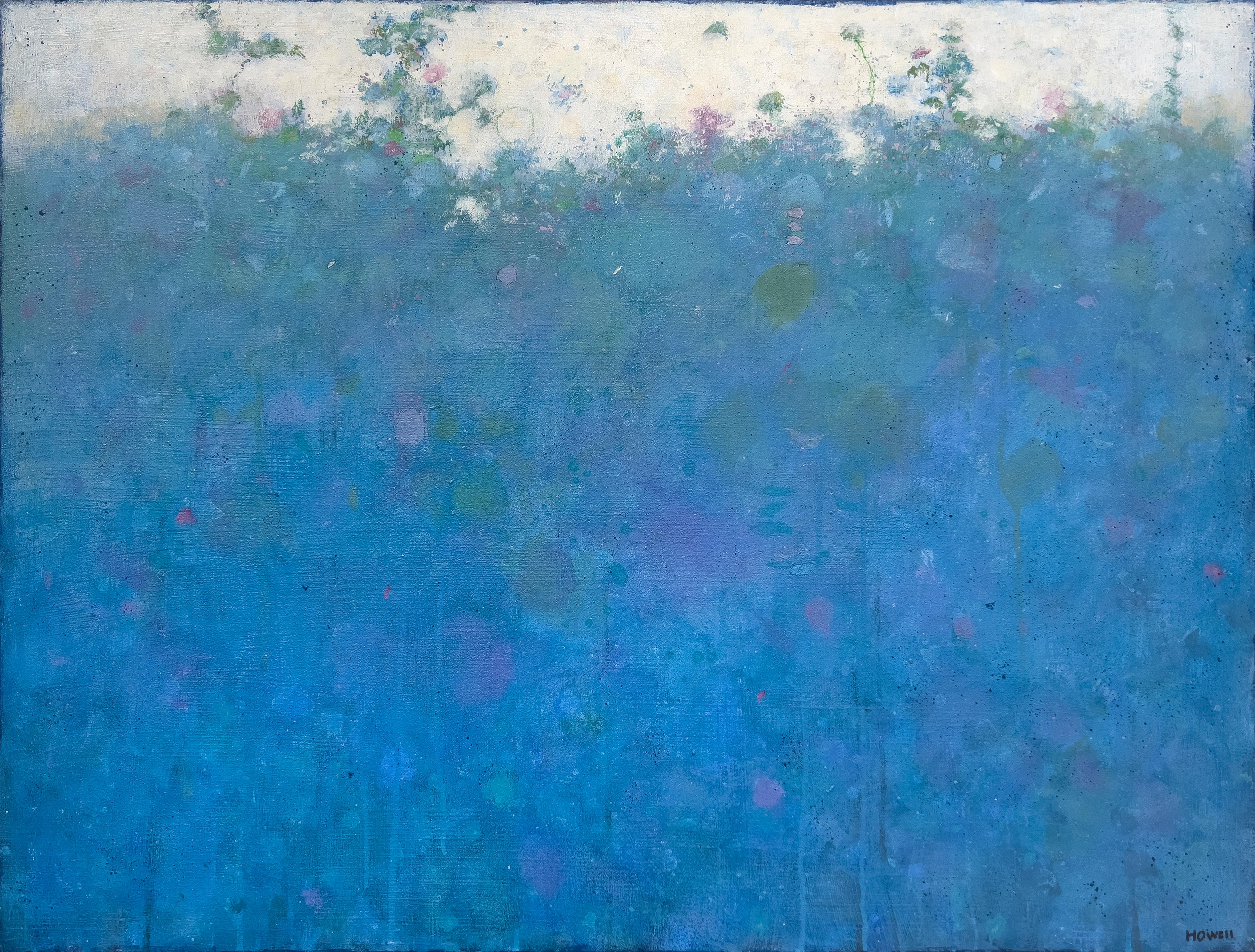 This abstract landscape painting by Elwood Howell features a vibrant blue palette. Light dabs of green and violet paint accent the bright blue landscape, which creates a lush horizon line beneath an almost glowing white "sky." The artist's signature