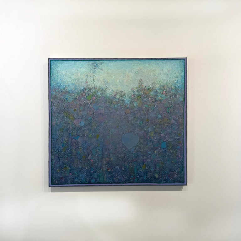 This abstract landscape painting by Elwood Howell features a cool, unique palette. Shapes that resemble thick foliage form a loose horizon line, with deep blue, violet, green, and specks of pink forming the textured bottom area of the piece. Above