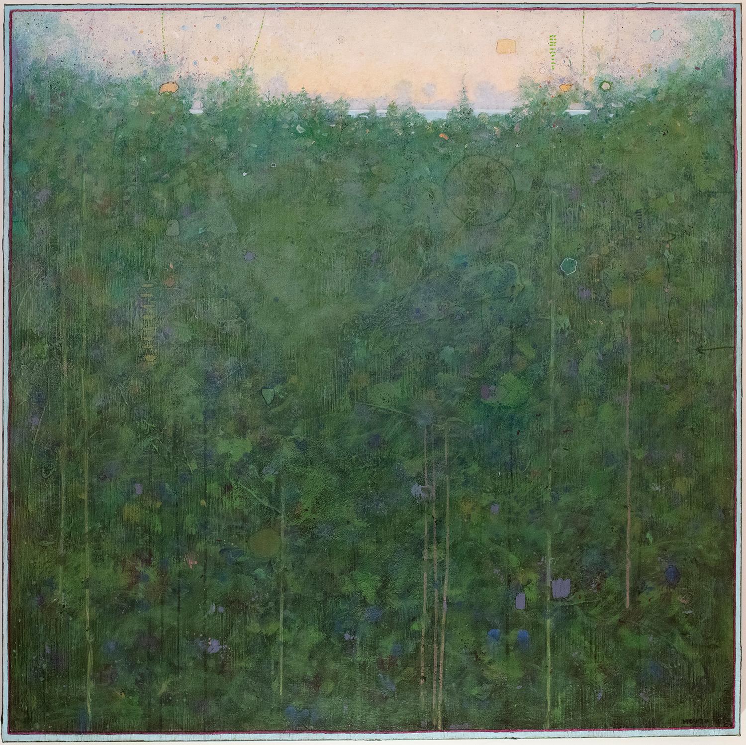 Elwood Howell Landscape Painting - 'Dawn', large square transitional green and blue abstract landscape