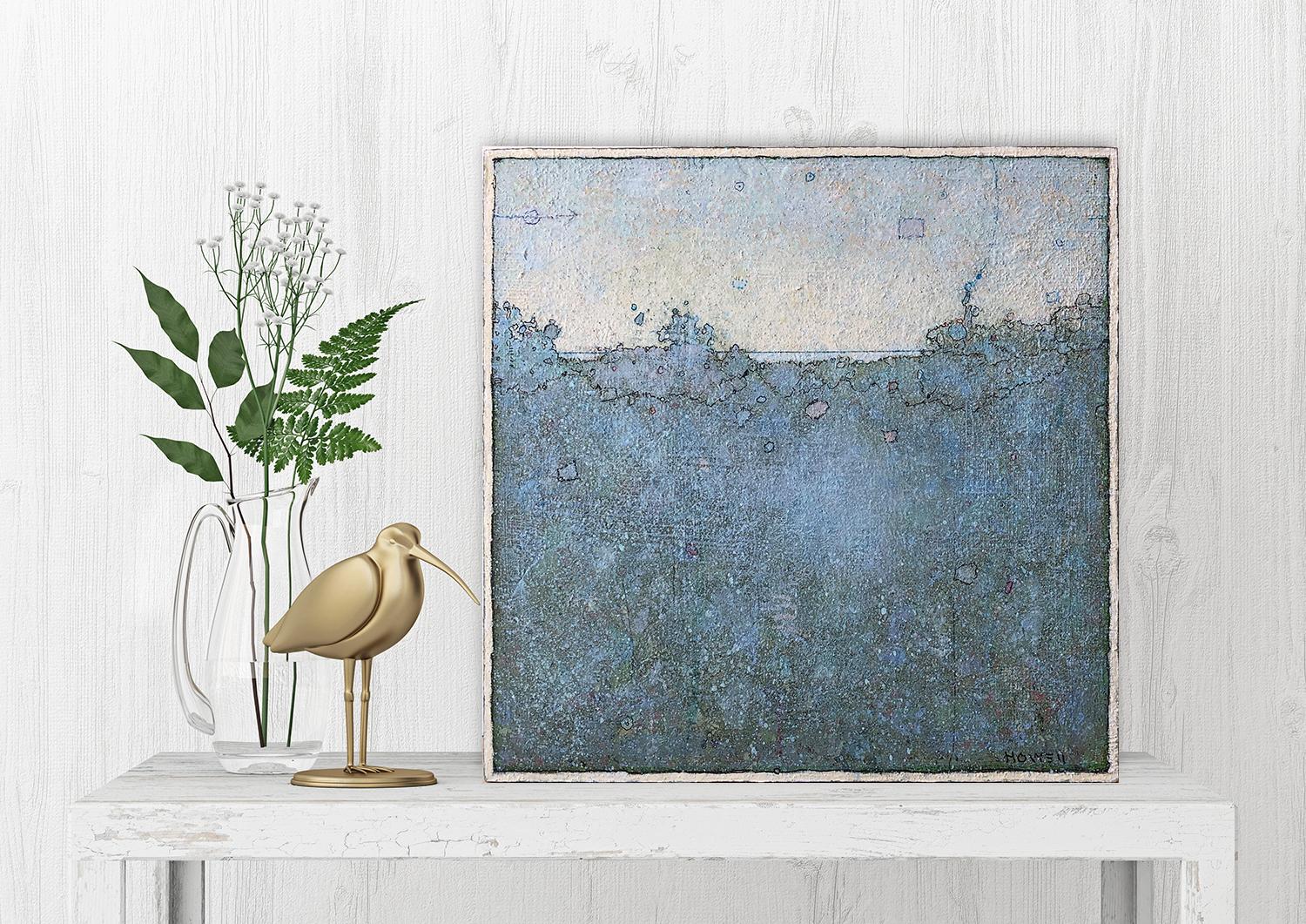 Painting extends to wood panel sides. Ready to hang, no frame needed. Abstract landscape, horizon, splashes, doodle, blue, pastel, pink, soft, cream, texture, small series.

