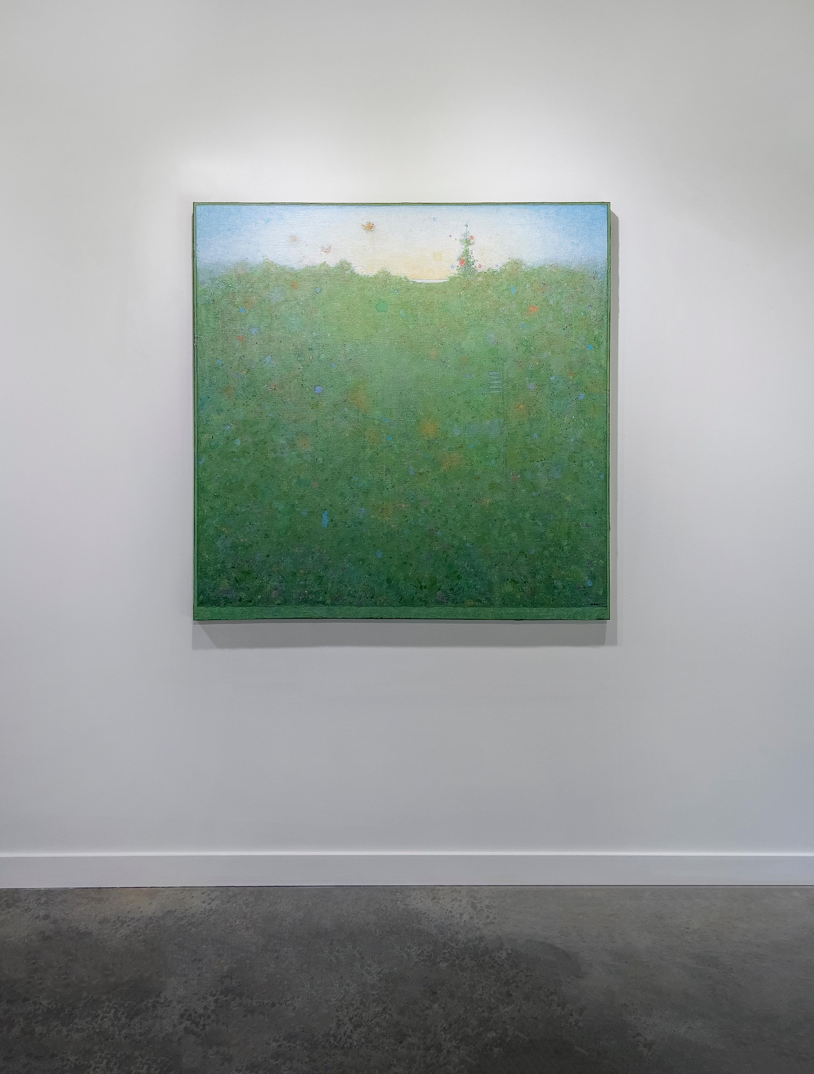 Questo paesaggio astratto dipinto da Elwood Howell è caratterizzato da una vibrante tavolozza verde. Tocchi colorati di arancione, blu e viola accentuano l'area verde della composizione, che si estende fino a una linea d'orizzonte imperfetta che