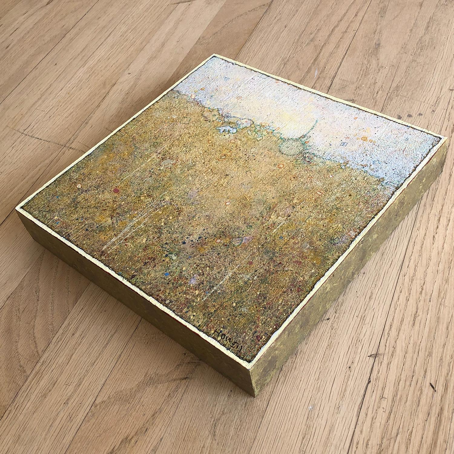 'Sprout' transitional acrylic soft yellow earth landscape, small painting - Beige Landscape Painting by Elwood Howell