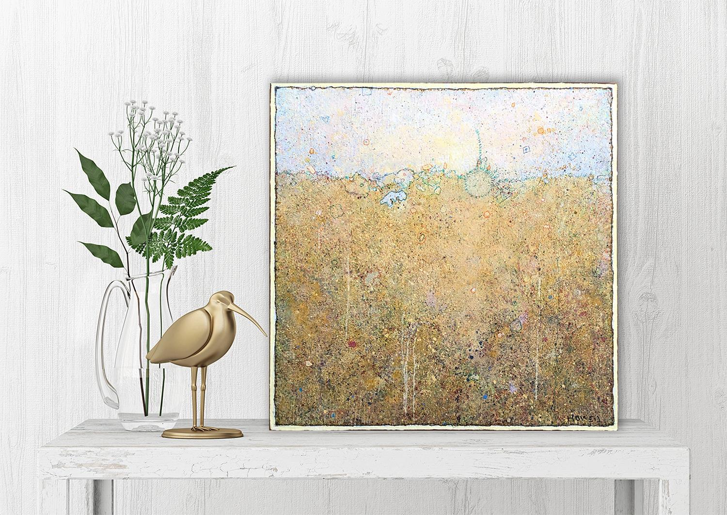Painting extends to wood panel sides. Ready to hang, no frame needed. Abstract landscape, horizon, splashes, doodle, blue, pastel, ocre, mustard, soft, cream, texture, small series.

