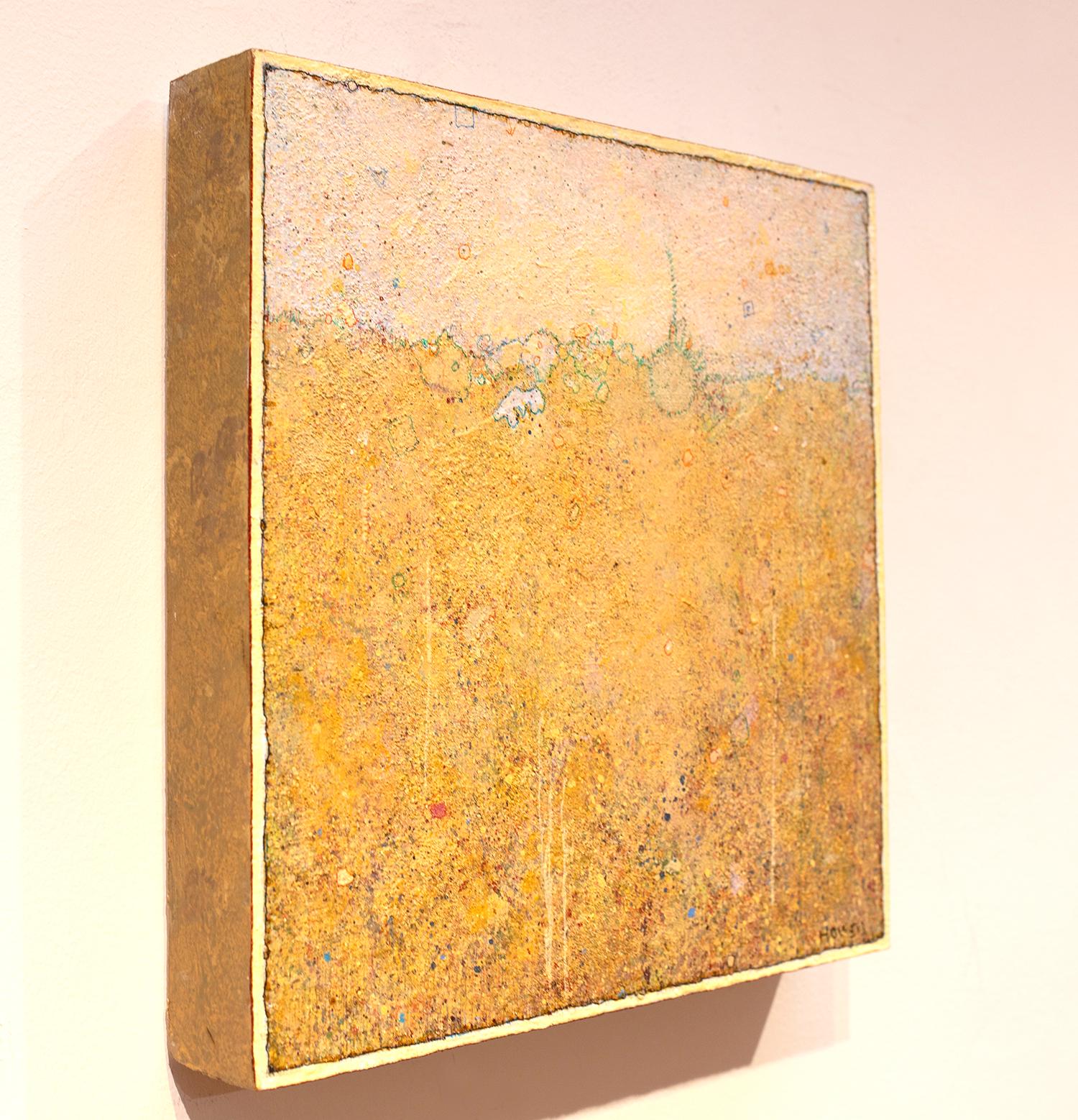 'Sprout' transitional acrylic soft yellow earth landscape, small painting - Painting by Elwood Howell