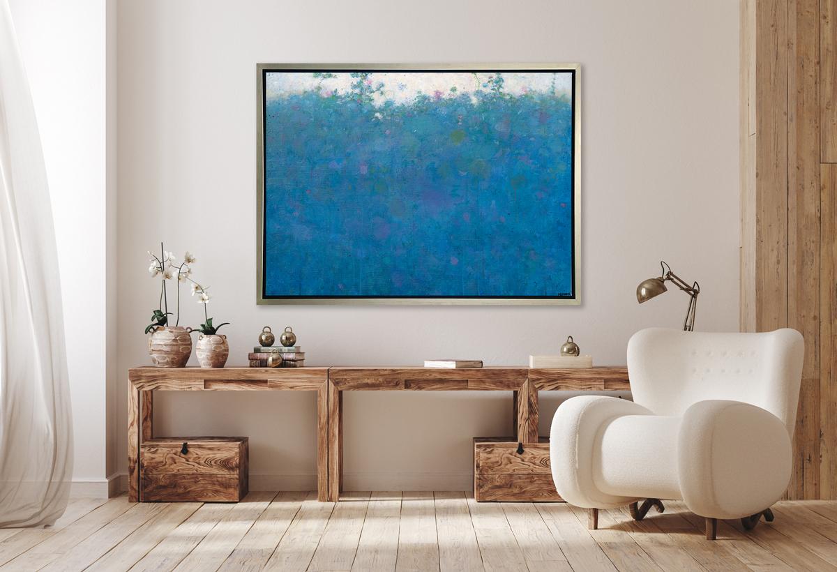 This abstract landscape limited edition print by Elwood Howell features a vibrant blue palette. Light green and violet accents contrast with the bright blue landscape, which creates a lush horizon line beneath an almost glowing white 