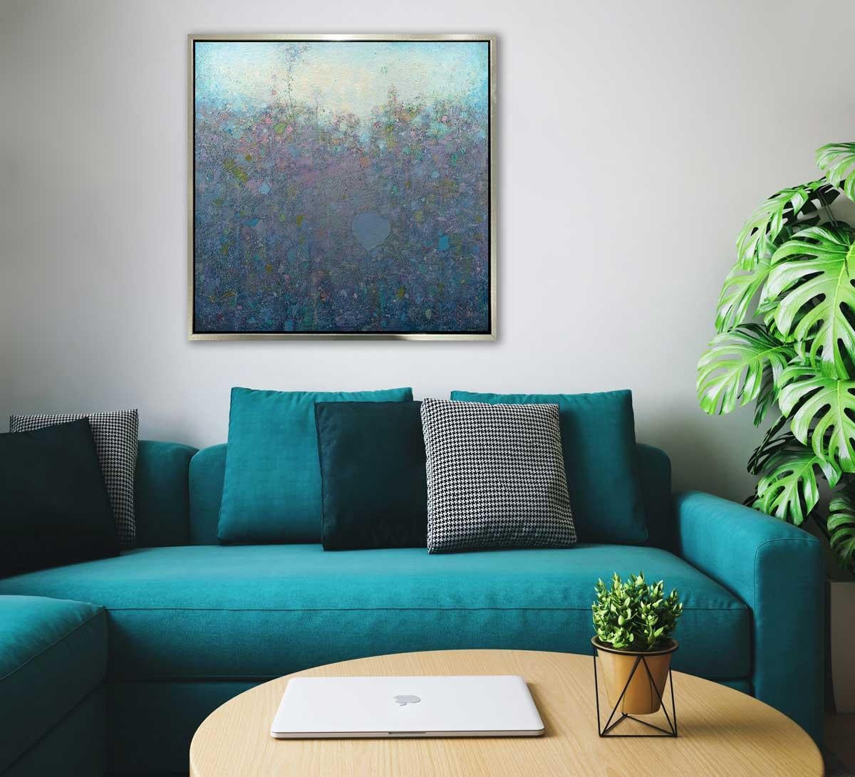 This abstract limited edition print by Elwood Howell features a cool, unique palette. Shapes that resemble thick foliage form a loose horizon line, with deep blue, violet, green, and specks of pink forming the bottom area of the piece. Above is a