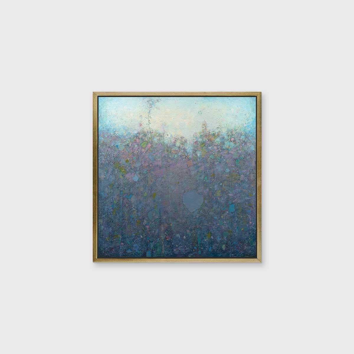 Cette impression abstraite en édition limitée d'Elwood Howell présente une palette froide et unique. Des formes ressemblant à d'épais feuillages forment une ligne d'horizon lâche, avec des bleus profonds, des violets, des verts et des taches de rose