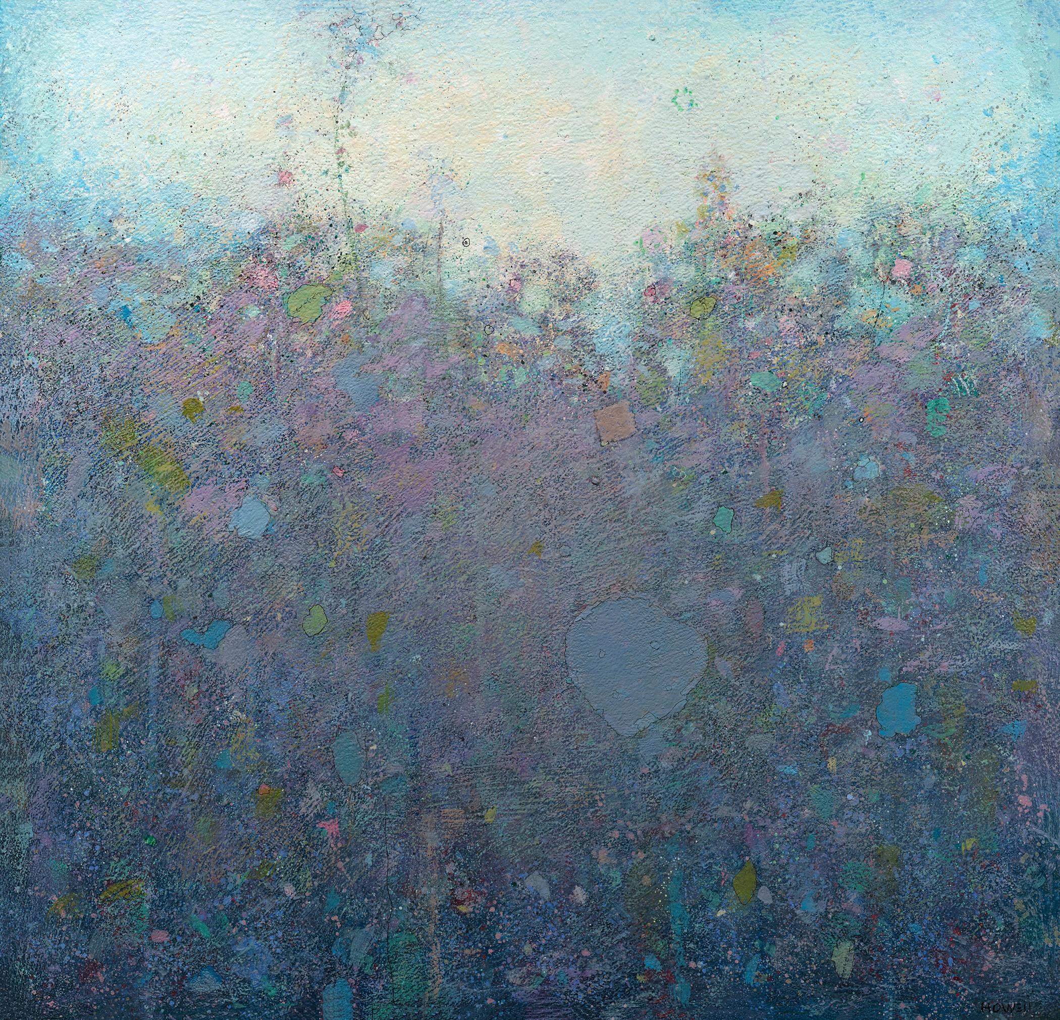 This abstract limited edition print by Elwood Howell features a cool, unique palette. Shapes that resemble thick foliage form a loose horizon line, with deep blue, violet, green, and specks of pink forming the bottom area of the piece. Above is a