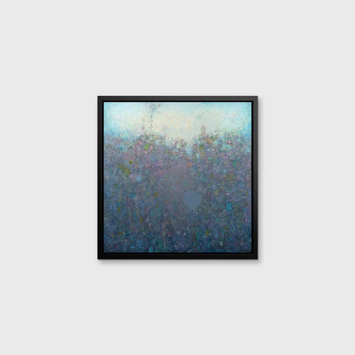 This abstract limited edition print by Elwood Howell features a cool, unique palette. Shapes that resemble thick foliage form a loose horizon line, with deep blue, violet, green, and specks of pink forming the bottom area of the piece. Above is a