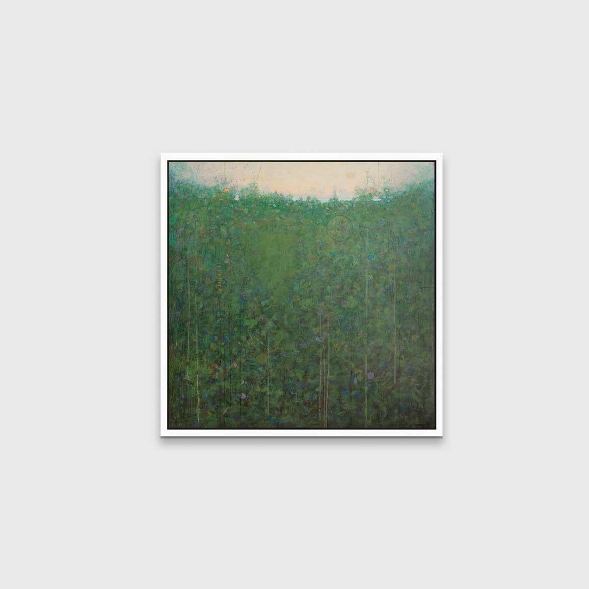 This abstract, limited edition print by Elwood Howell features a predominantly green palette, with a muted yellow area at the top of the composition. Subtle circle shapes and long vertical lines are sporadically placed throughout the green area,