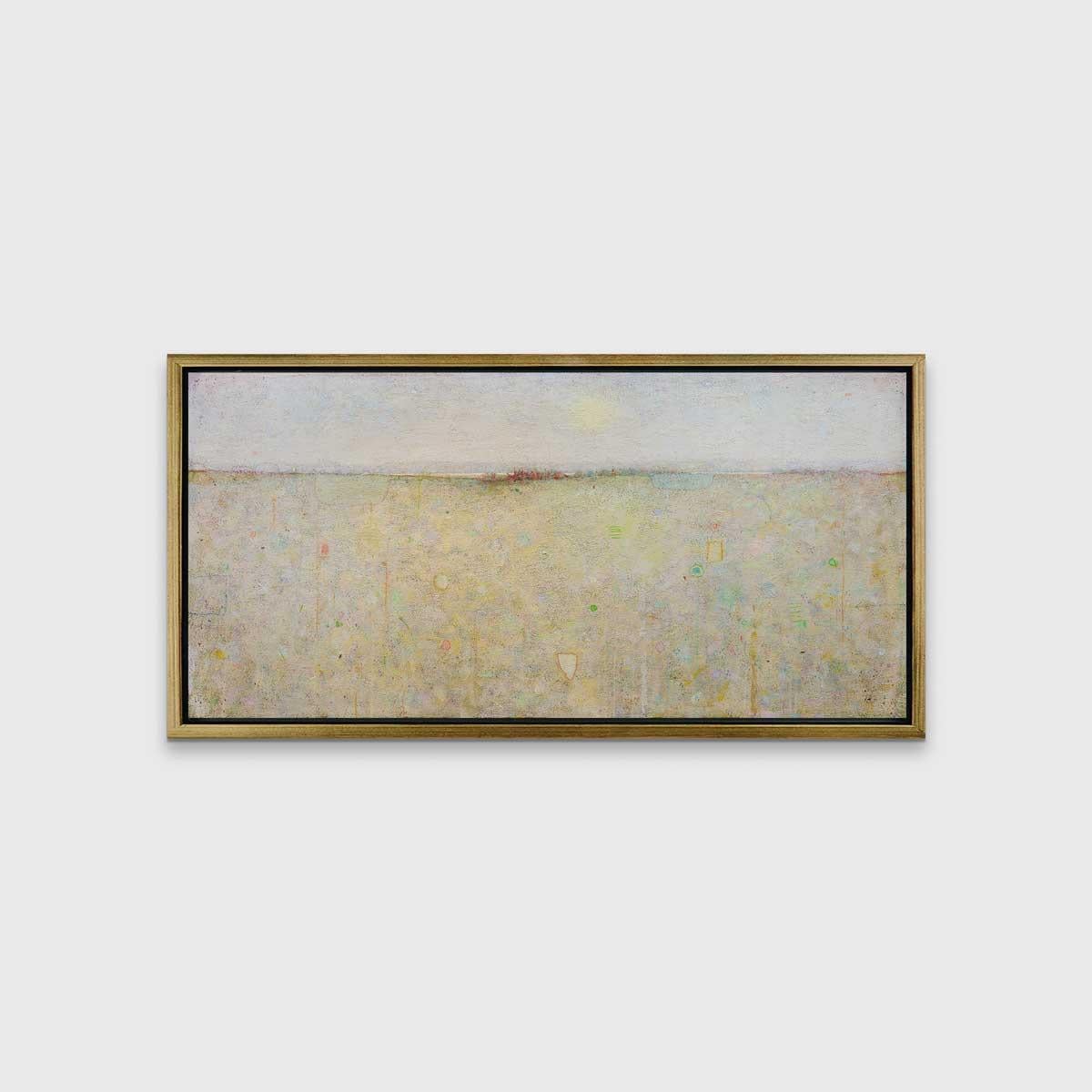 This abstract landscape limited edition print by Elwood Howell features a cool neutral palette. The piece features the artists's signature high horizon line, with layered shapes and strokes beneath it that allows the eye to wander. At the center of