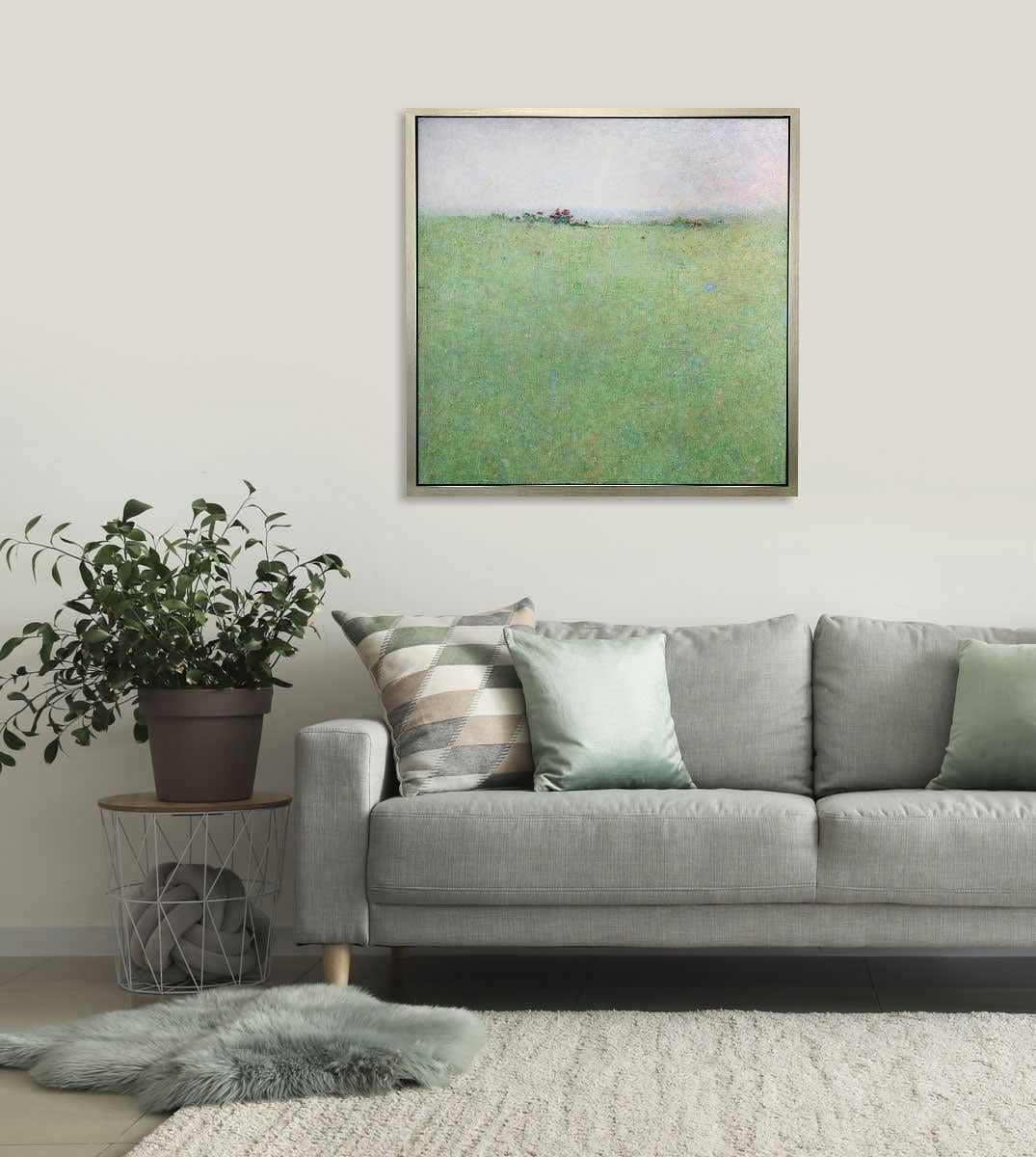 This limited edition print is an abstract landscape by Elwood Howell. It features a high, blurred horizon line, with green beneath it and light grey above it. The green area is spattered with small specs of bright color like blue and pink. A cluster