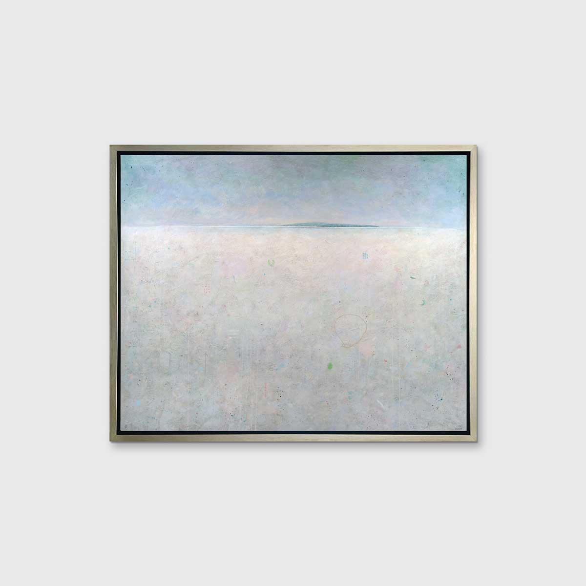 This abstract landscape limited edition print by Elwood Howell features a high horizon line, separating a pale, nearly grey foreground and a blue gradient sky. Along the horizon line, a thin blue stretch of what appears to be a small island is