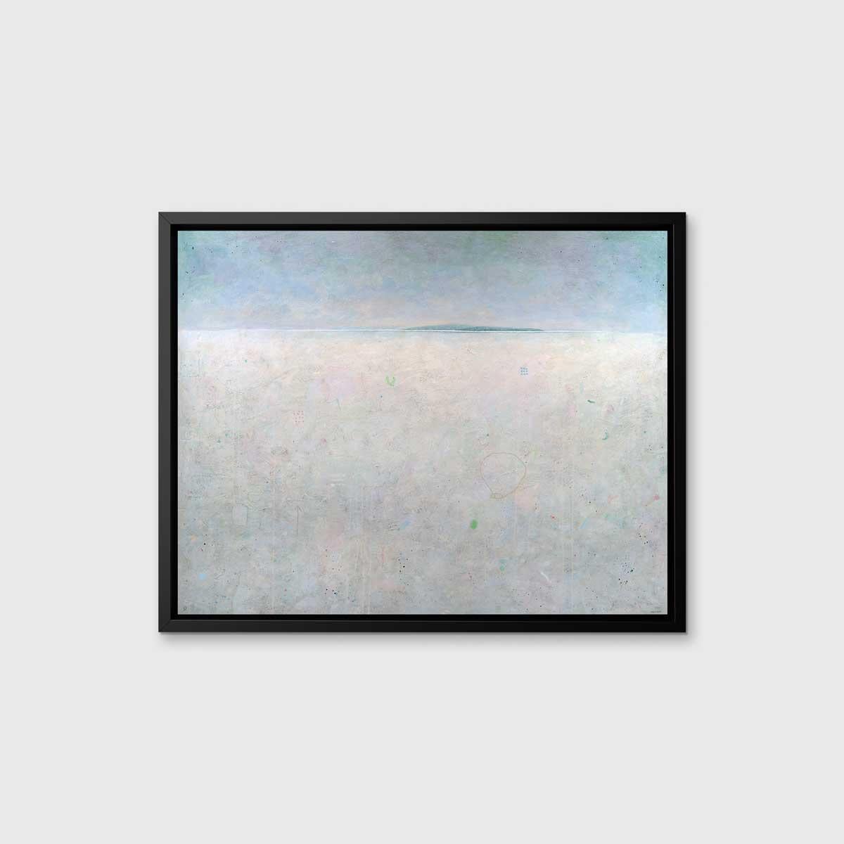 This abstract landscape limited edition print by Elwood Howell features a high horizon line, separating a pale, nearly grey foreground and a blue gradient sky. Along the horizon line, a thin blue stretch of what appears to be a small island is