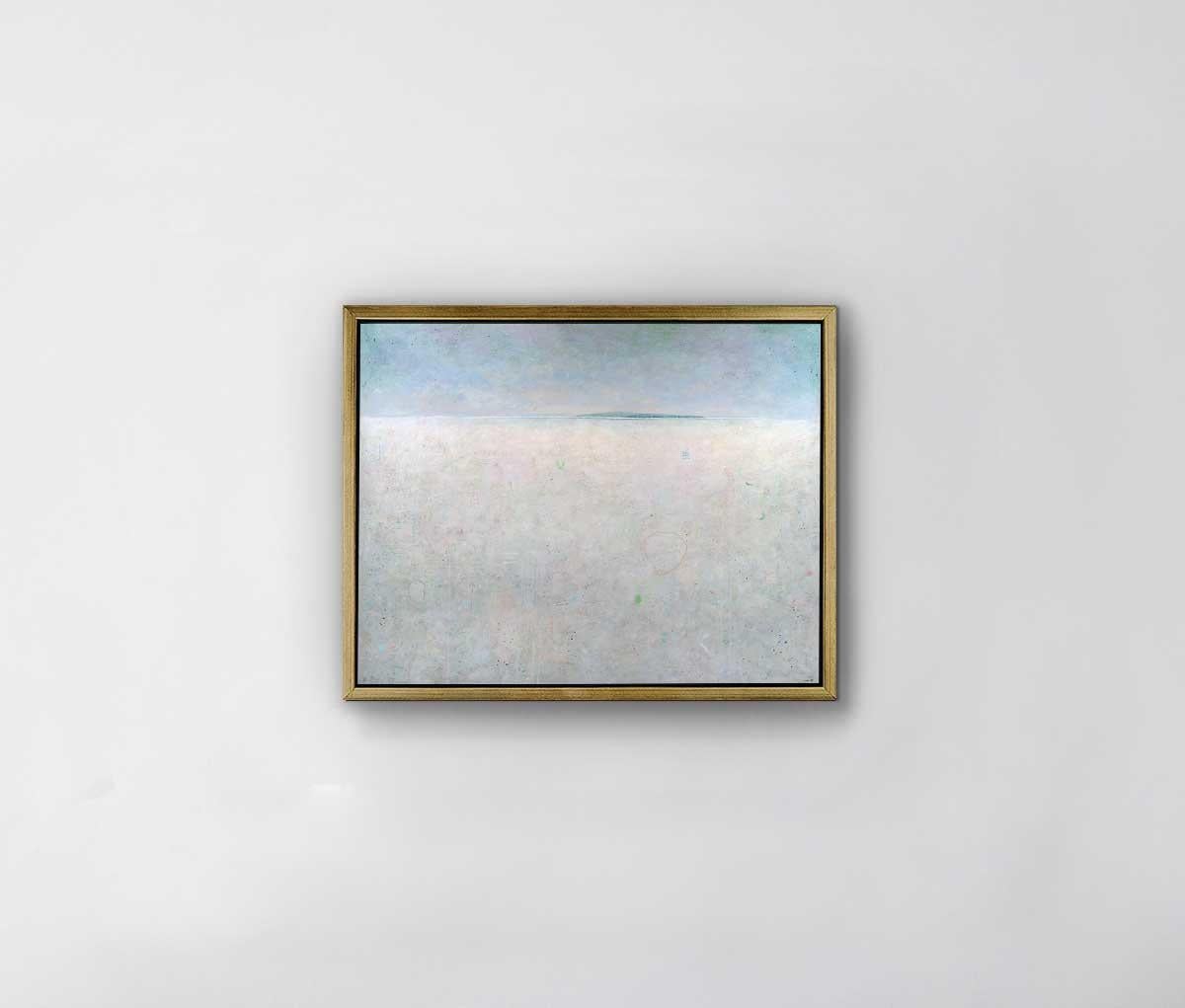 This abstract landscape limited edition print by Elwood Howell features a high horizon line, separating a pale, nearly grey foreground and a blue gradient sky. Along the horizon line, a thin blue stretch of what appears to be a small island is