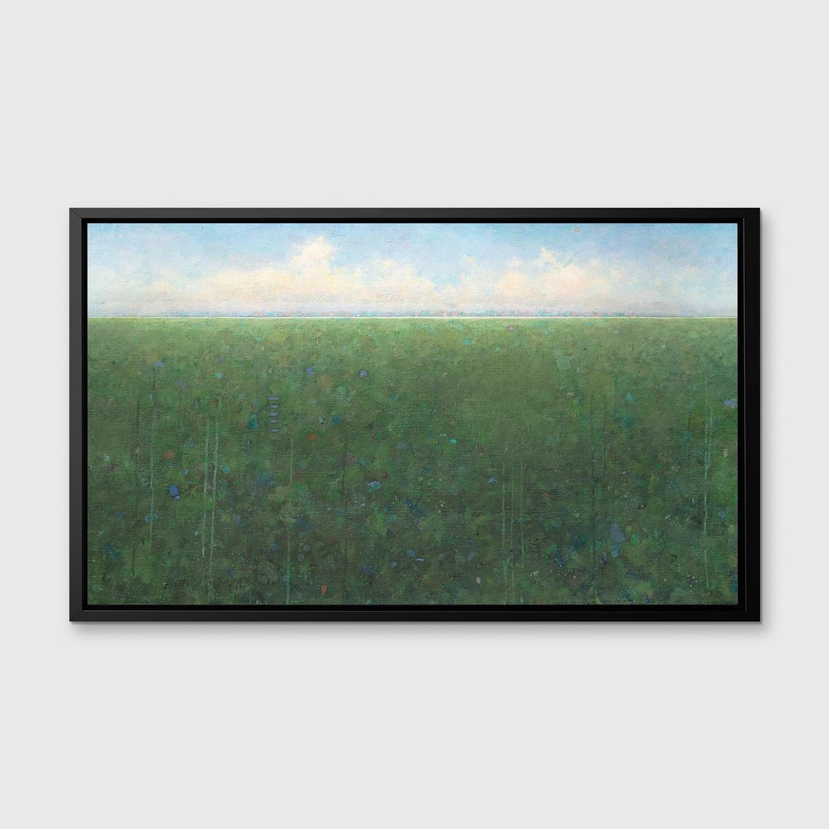 This abstract landscape limited edition print by Elwood Howell features the artist's signature high horizon line. Lush, green abstracted land extends the width of the composition, with colorful accents throughout, adding depth and visual texture.