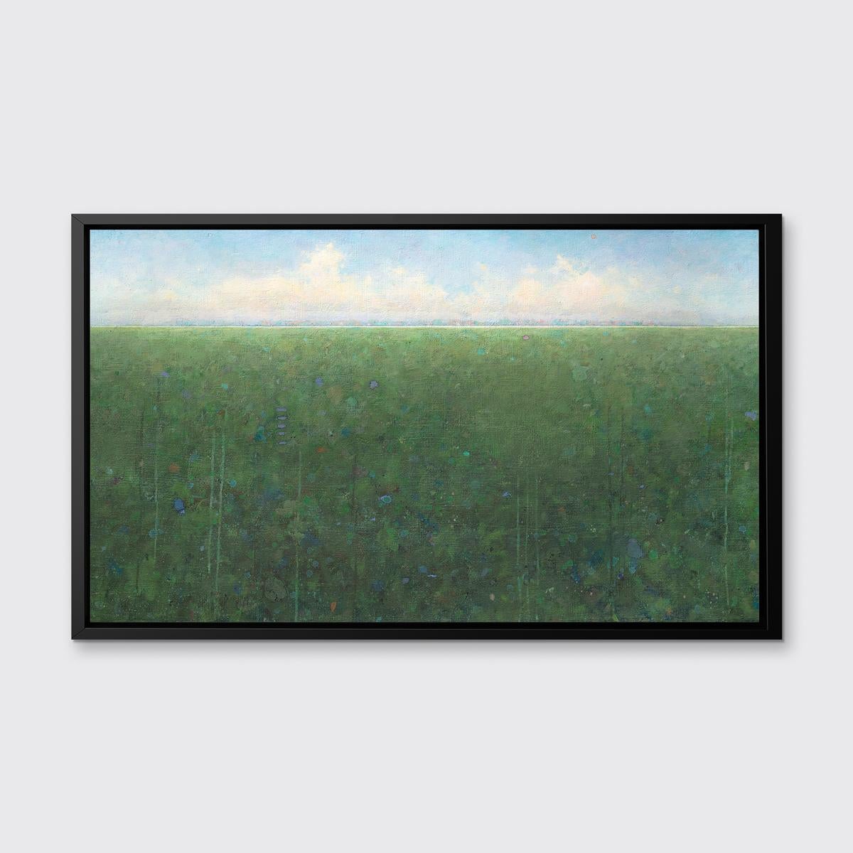 This abstract landscape limited edition print by Elwood Howell features the artist's signature high horizon line. Lush, green abstracted land extends the width of the composition, with colorful accents throughout, adding depth and visual texture.