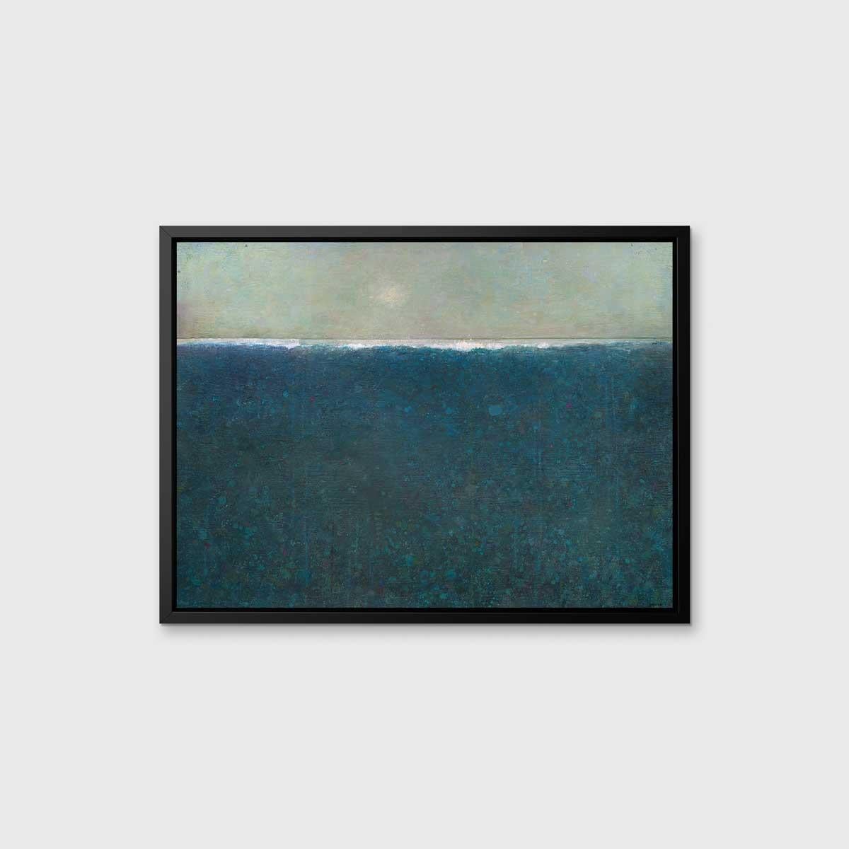 This abstract landscape limited edition print by Elwood Howell features the artist's signature high horizon line in white. Beneath the line is a textured deep blue that is composed of small shapes and layers. Above the horizon is a pale green sky