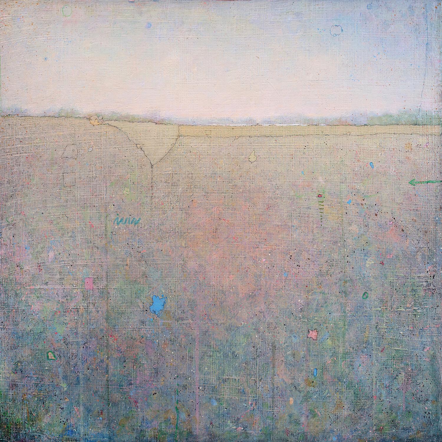 Cette impression à tirage limité est un paysage abstrait d'Elwood Howell. Il présente une ligne d'horizon haute et floue - beige avec du rose vert atténué et du bleu, tandis qu'au-dessus, le rose atténué s'estompe en bleu.  La zone rose et bleue