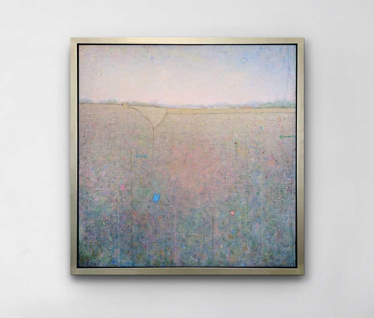 This limited edition print is an abstract landscape by Elwood Howell. It features a high, blurred horizon line - beige with muted green pink, and blue, while above it, muted pink fades into blue.  The pink and blue area below is spattered with small